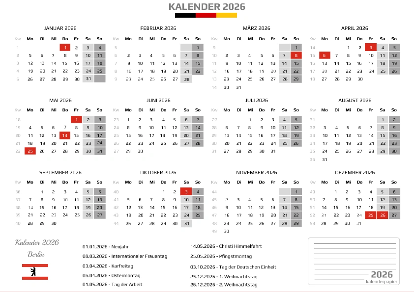 Kalender 2026 Berlin mit Feiertagen