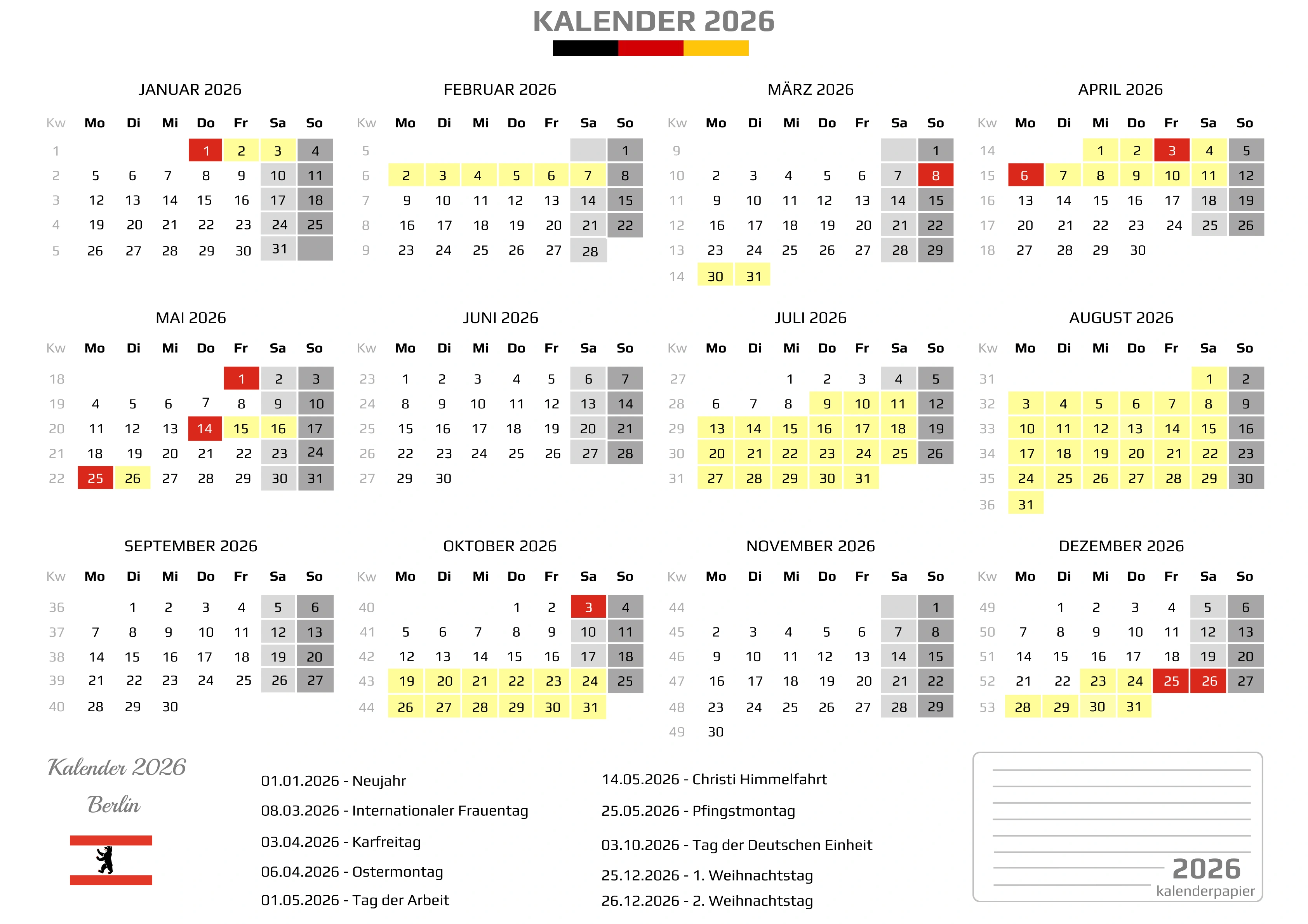 Kalender 2026 Berlin mit Ferien