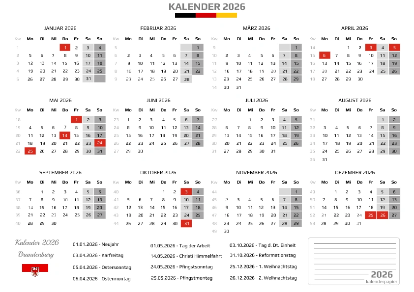 Kalender 2026 Brandenburg mit Feiertagen