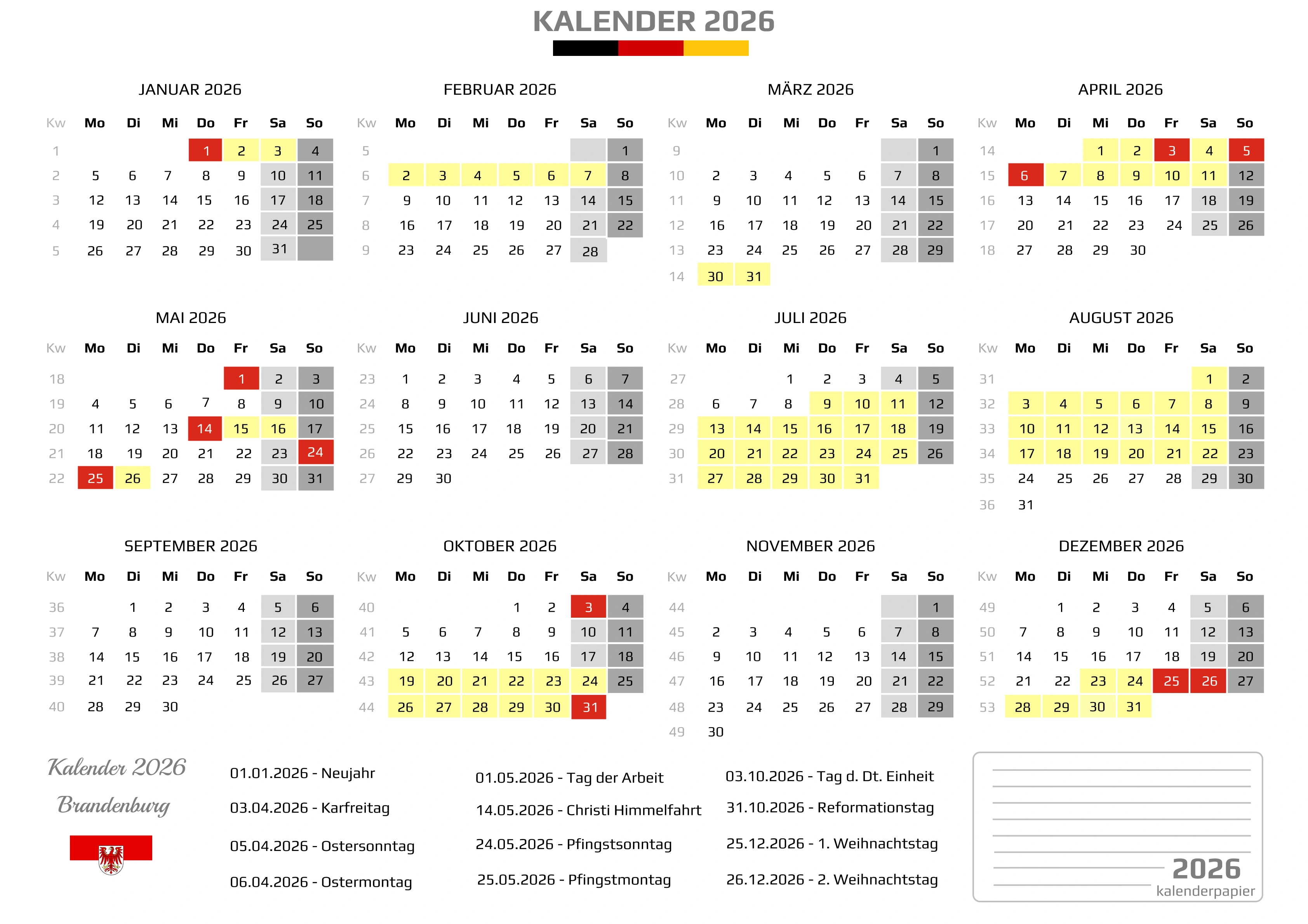 Kalender 2026 Brandenburg mit Ferien