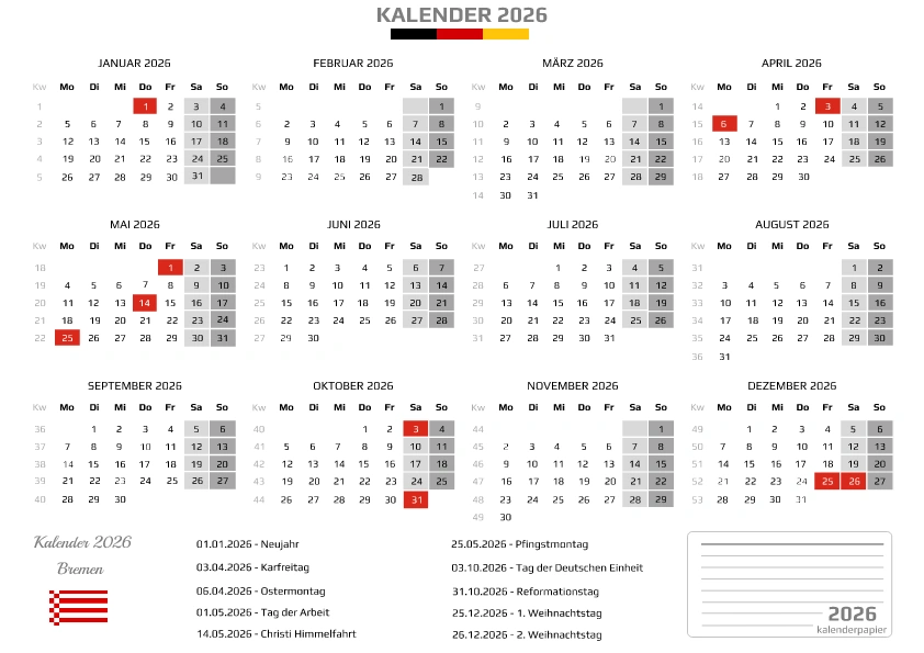 Kalender 2026 Bremen mit Feiertagen