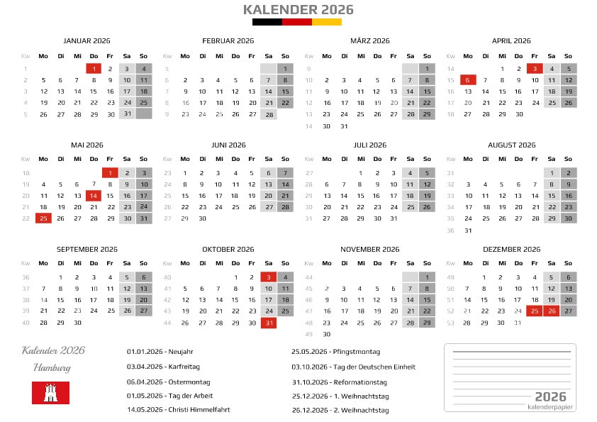 Kalender 2026 Hamburg mit Feiertagen