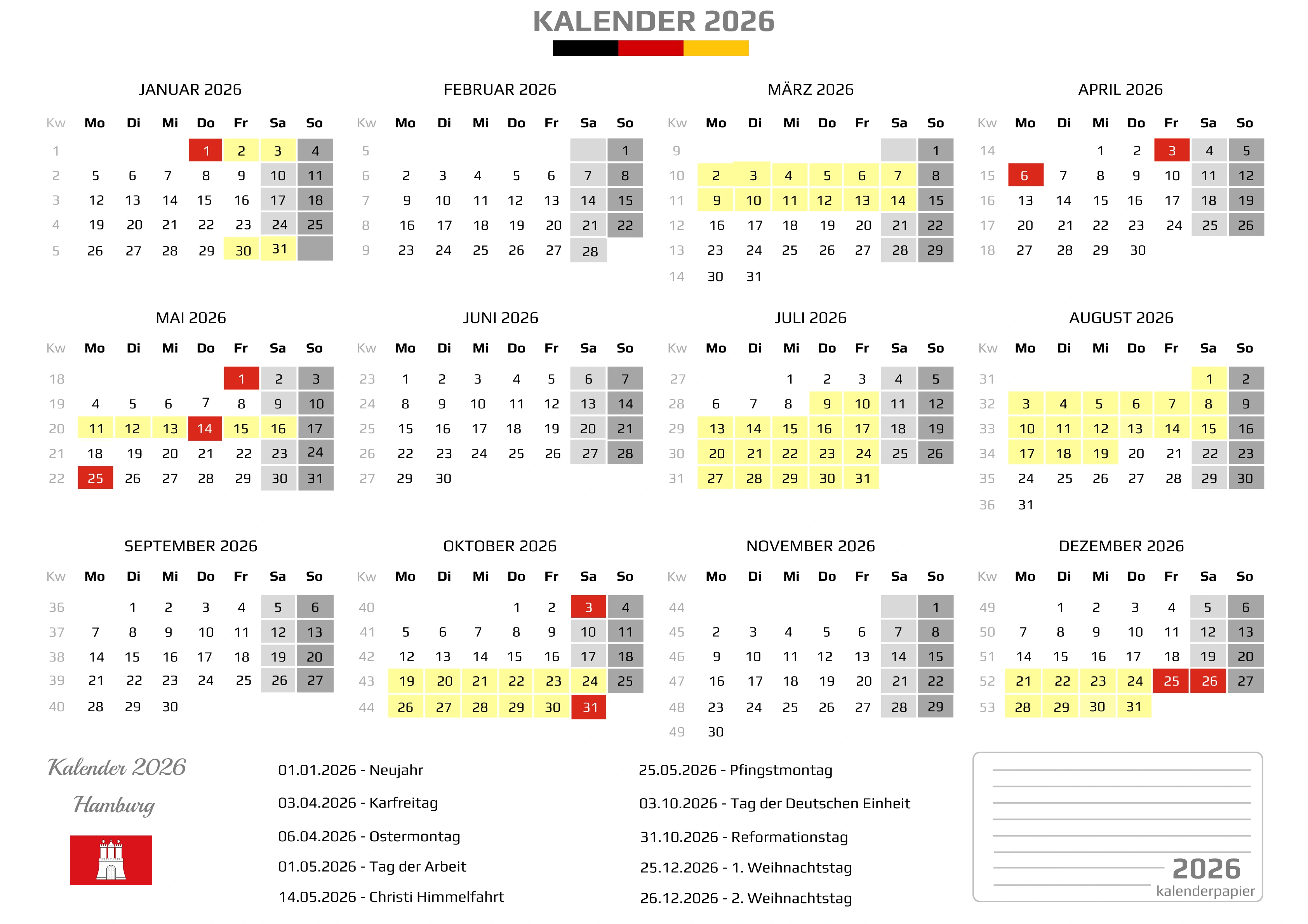 Kalender 2026 Hamburg mit Ferien