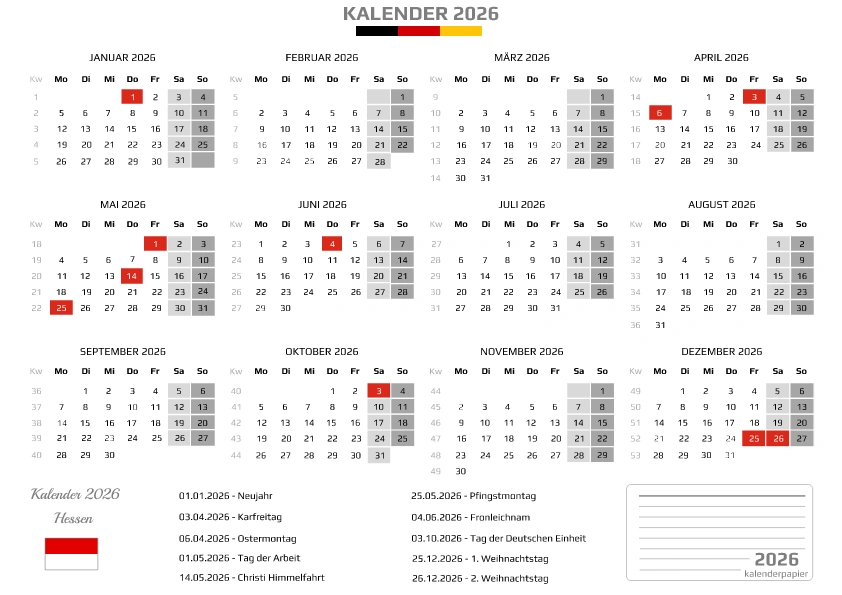 Kalender 2026 Hessen mit Feiertagen