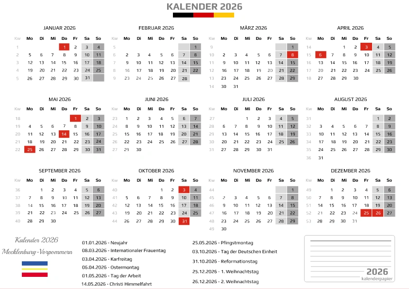 Kalender 2026 Mecklenburg-Vorpommern mit Feiertagen