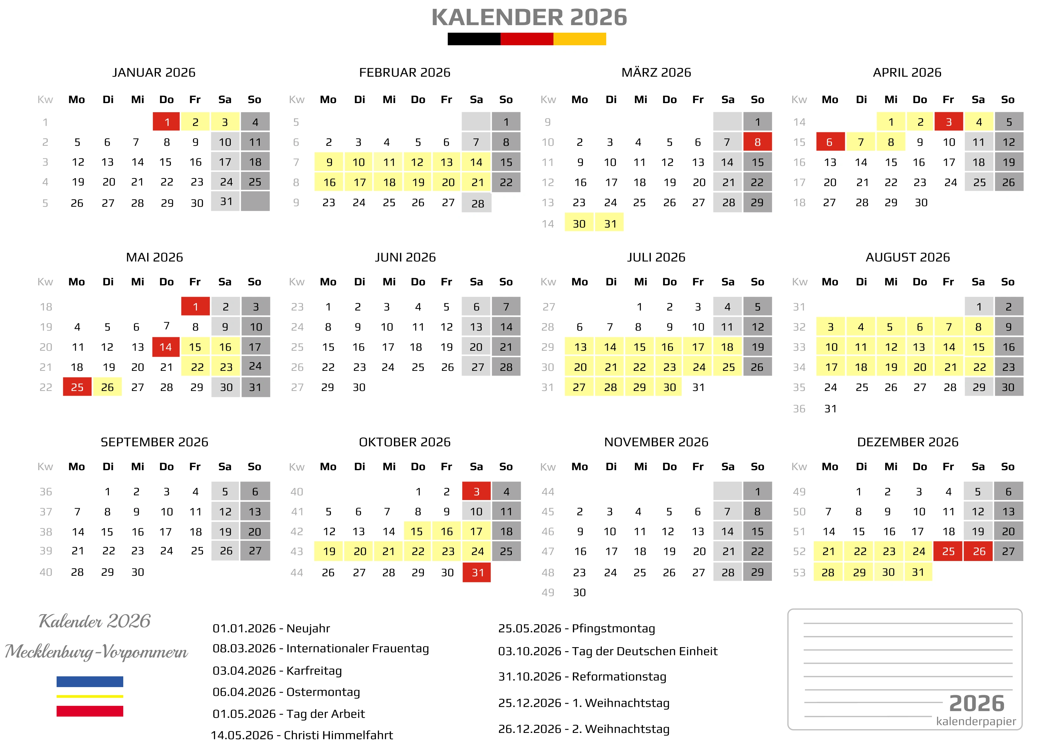 Kalender 2026 Mecklenburg-Vorpommern mit Ferien