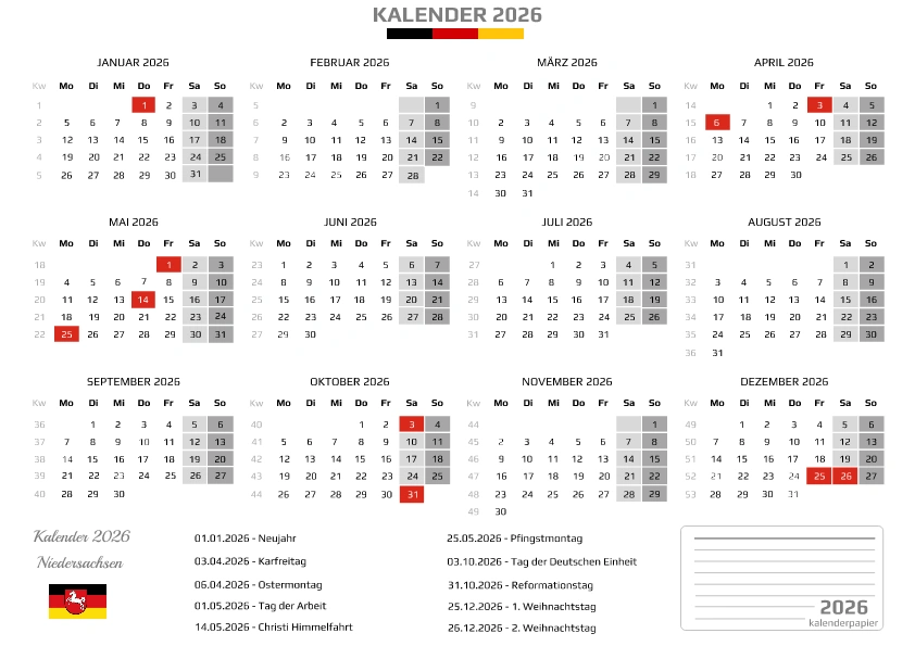 Kalender 2026 Niedersachsen mit Feiertagen