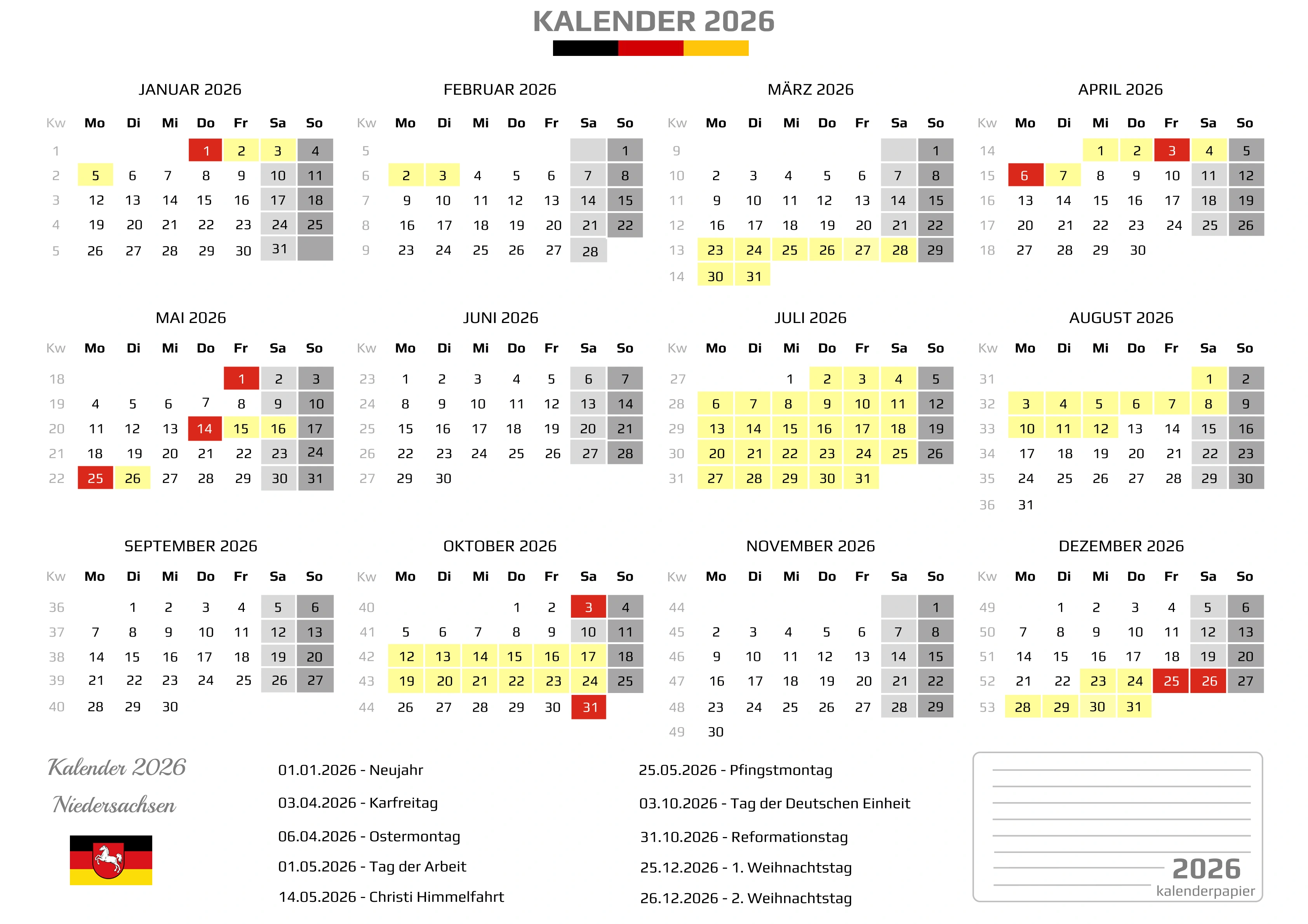 Kalender 2026 Niedersachsen mit Ferien