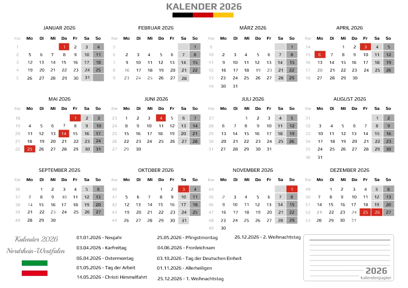 Kalender 2026 Nordrhein-Westfalen mit Feiertagen