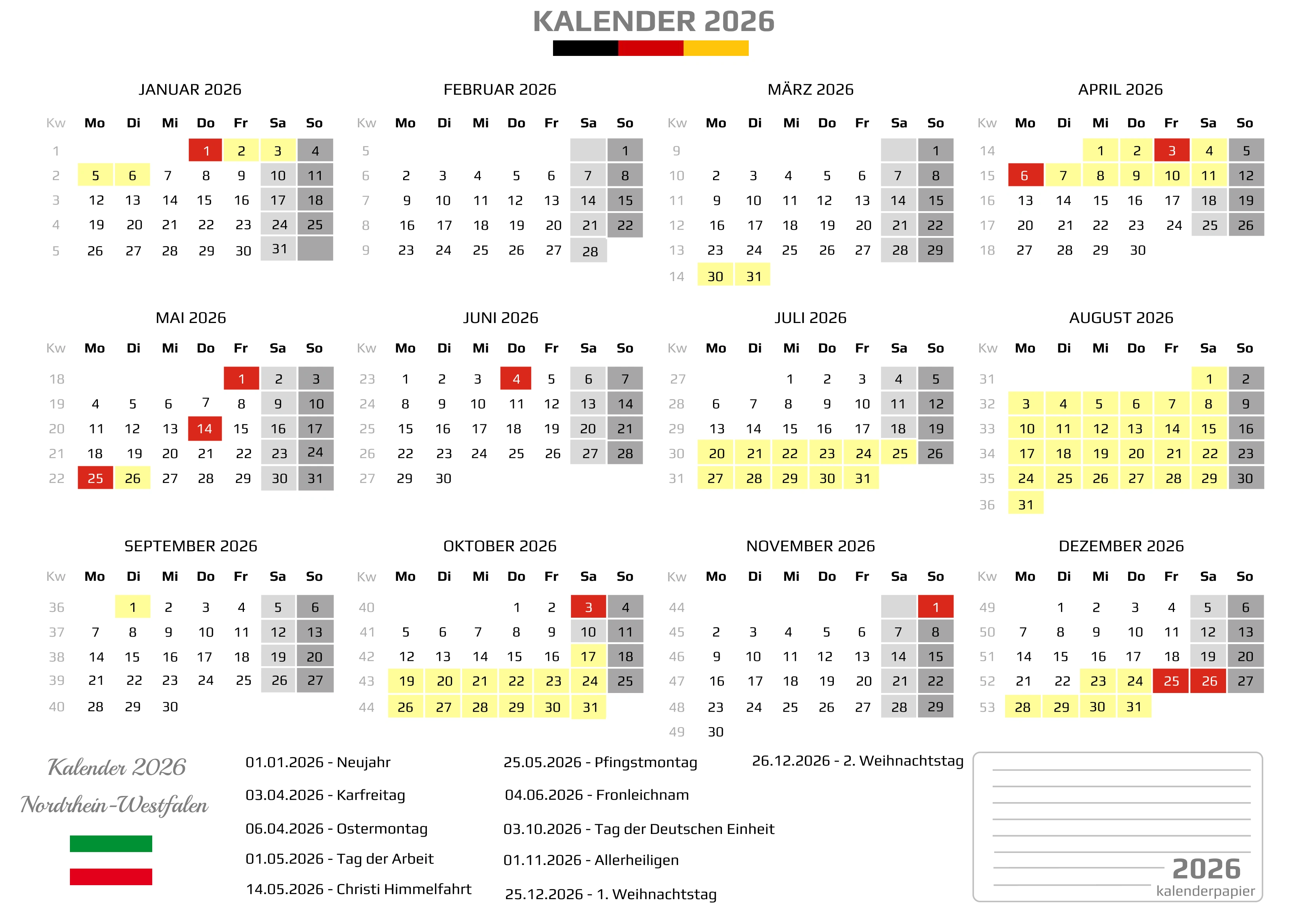 Kalender 2026 Nordrhein-Westfalen mit Ferien