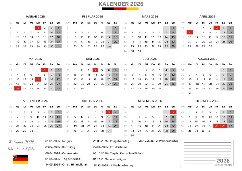 Kalender 2026 Rheinland-Pfalz mit Feiertagen