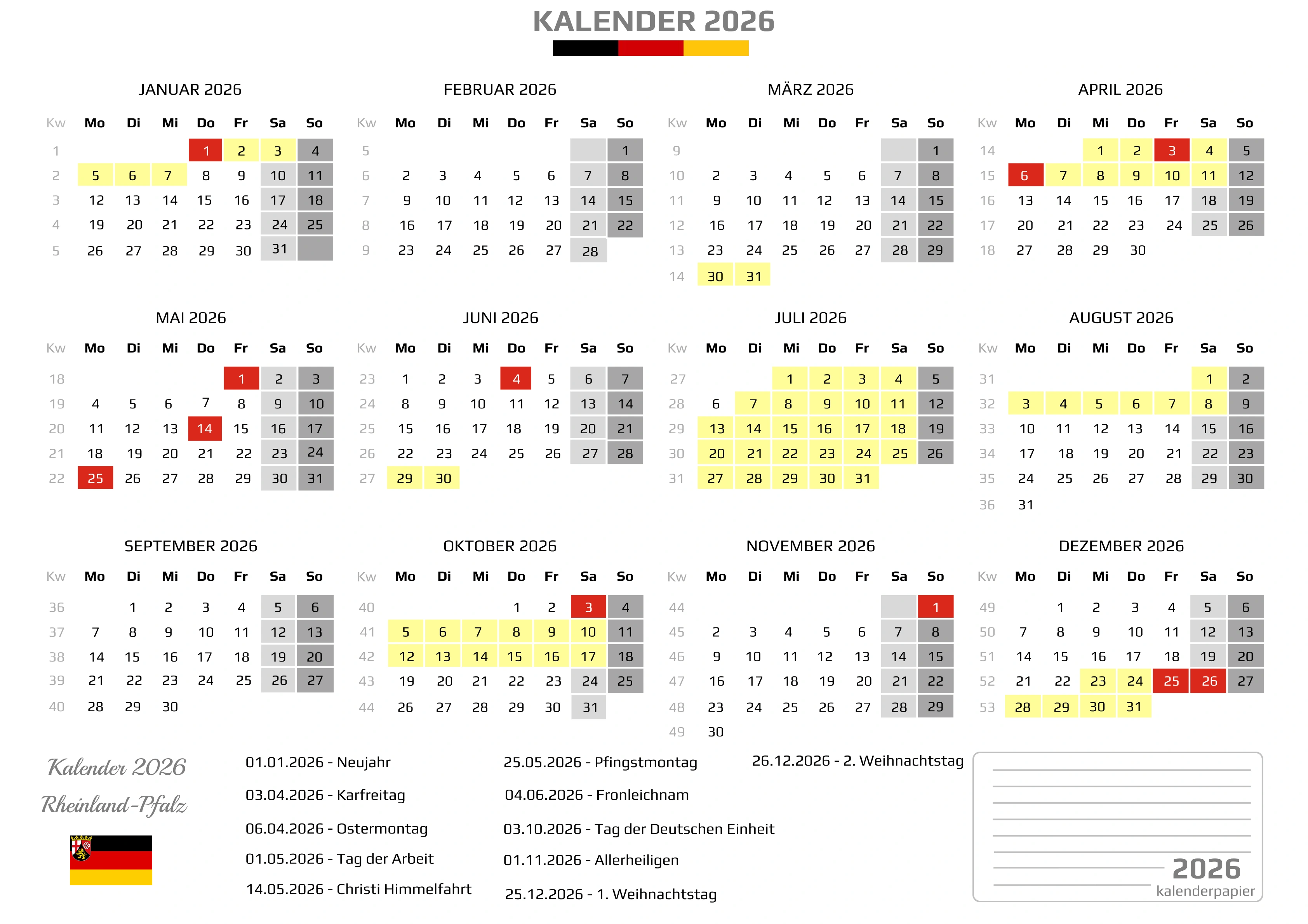 Kalender 2026 Rheinland-Pfalz mit Ferien
