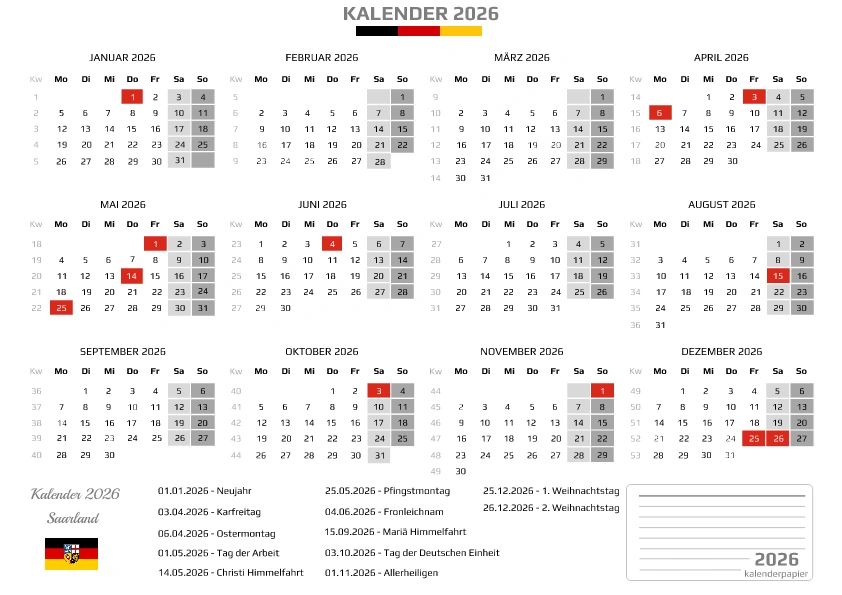 Kalender 2026 Saarland mit Feiertagen