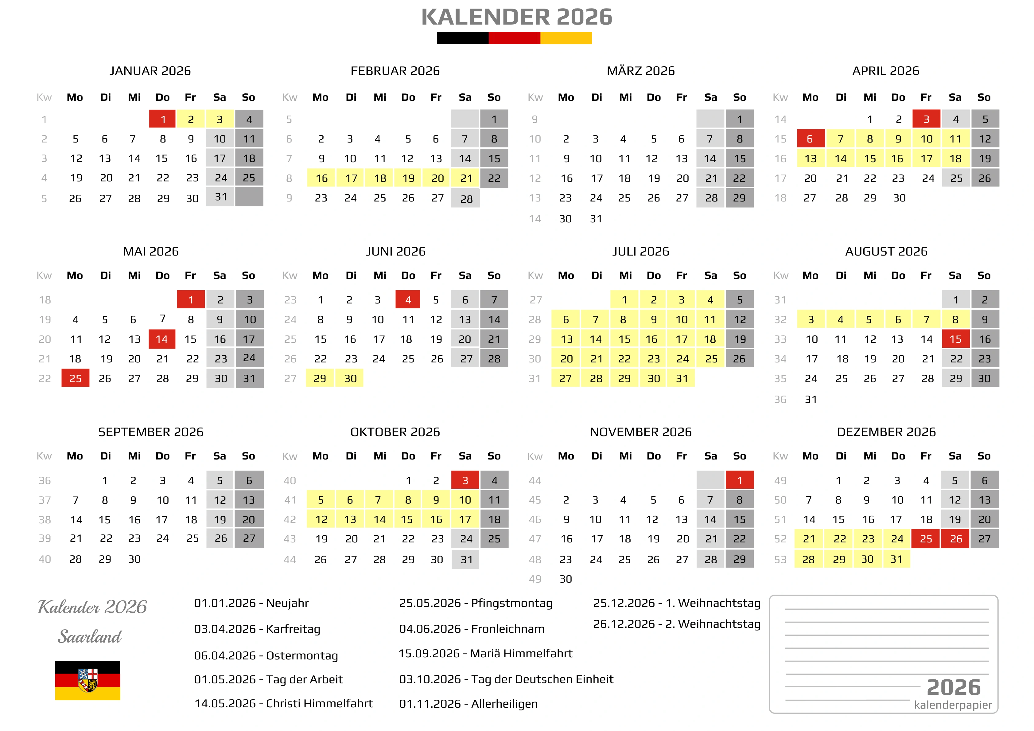 Kalender 2026 Saarland mit Ferien