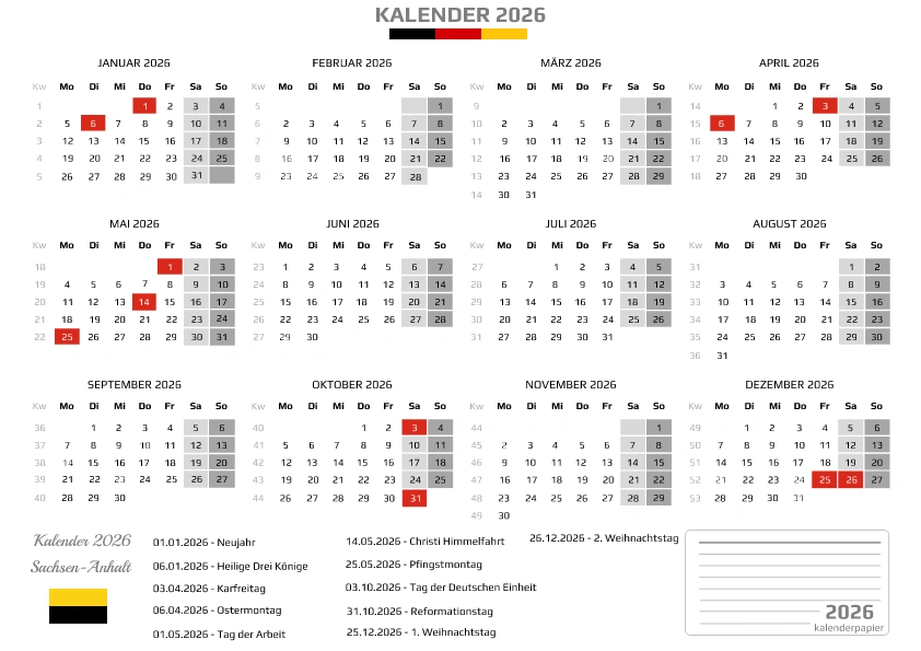 Kalender 2026 Sachsen-Anhalt mit Feiertagen