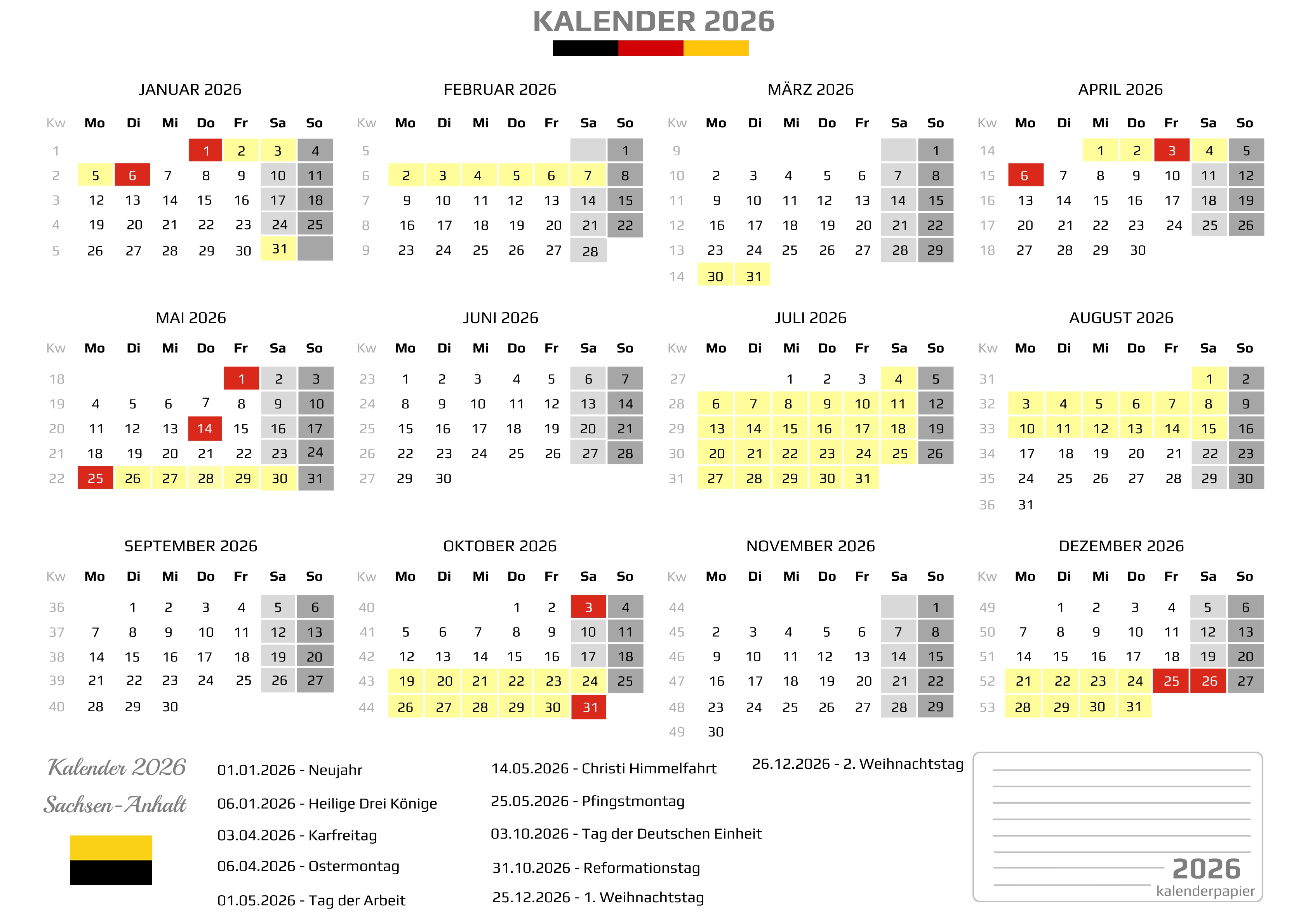 Kalender 2026 Sachsen-Anhalt mit Ferien