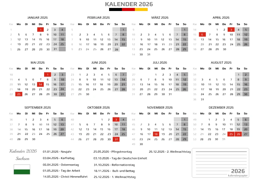 Kalender 2026 Sachsen mit Feiertagen