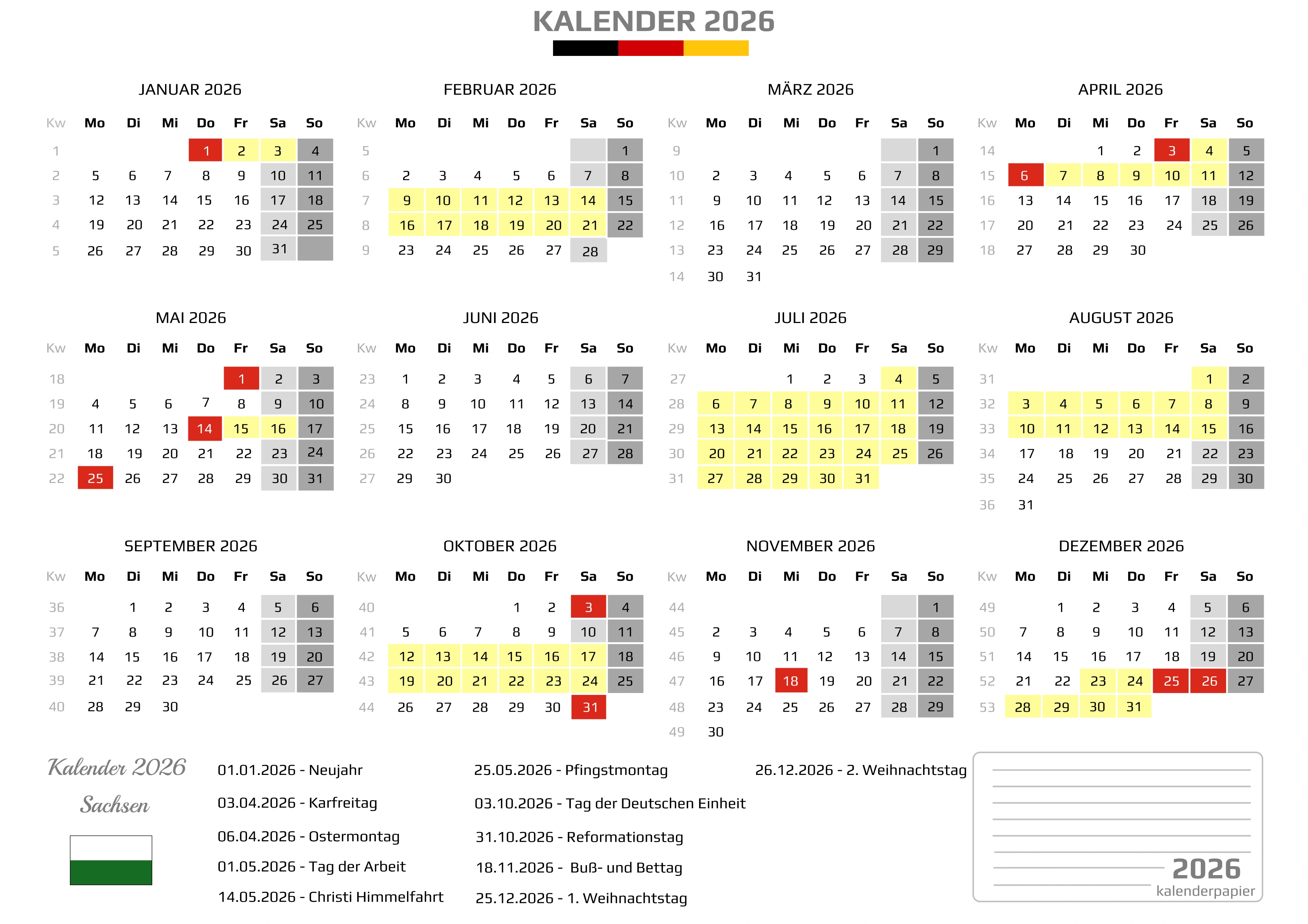 Kalender 2026 Sachsen mit Ferien