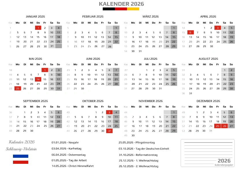 Kalender 2026 Schleswig-Holstein mit Feiertagen