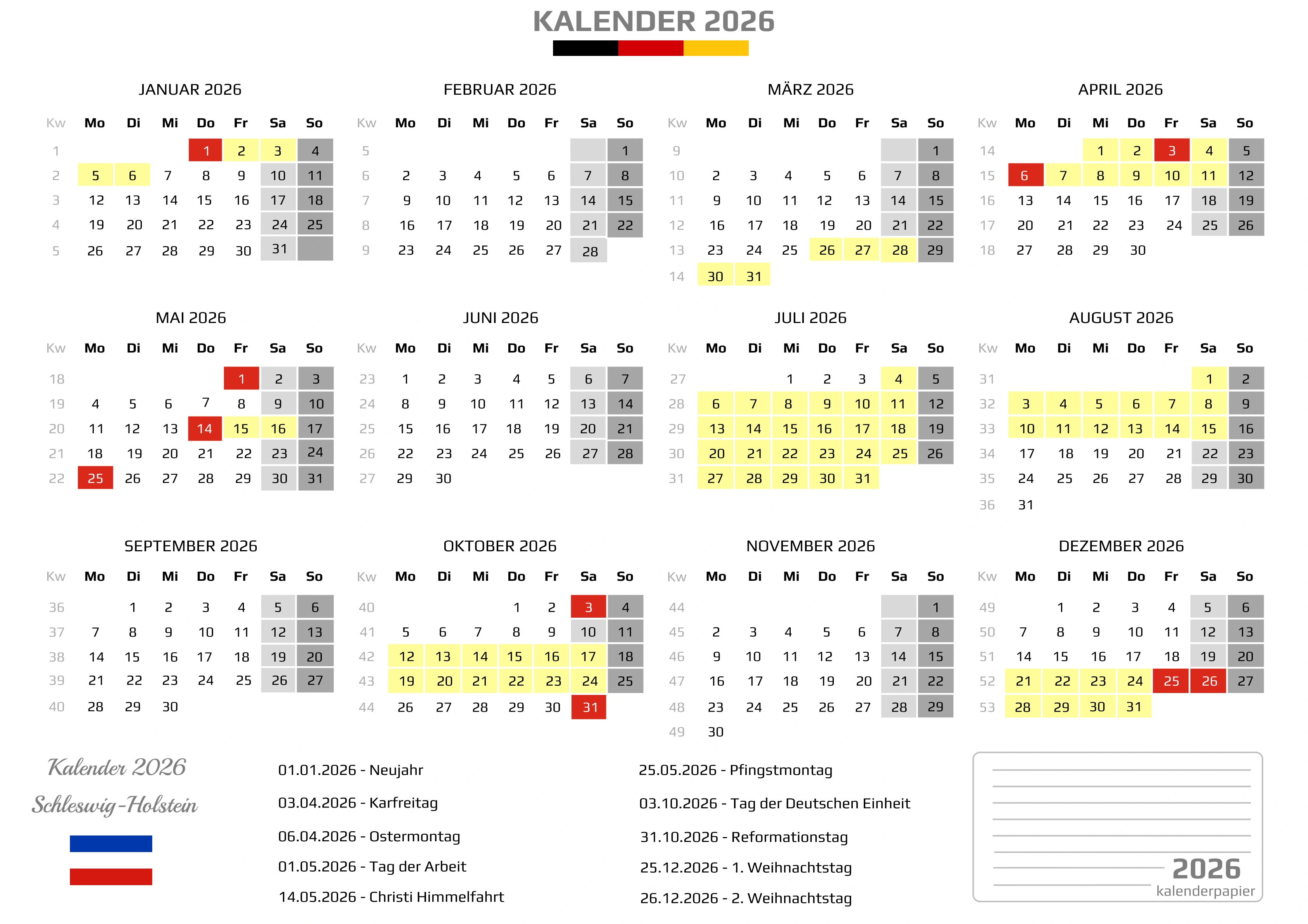 Kalender 2026 Schleswig-Holstein mit Ferien