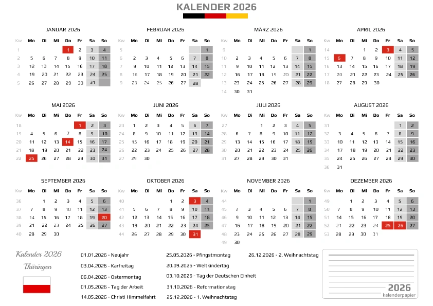 Kalender 2026 Thüringen mit Feiertagen