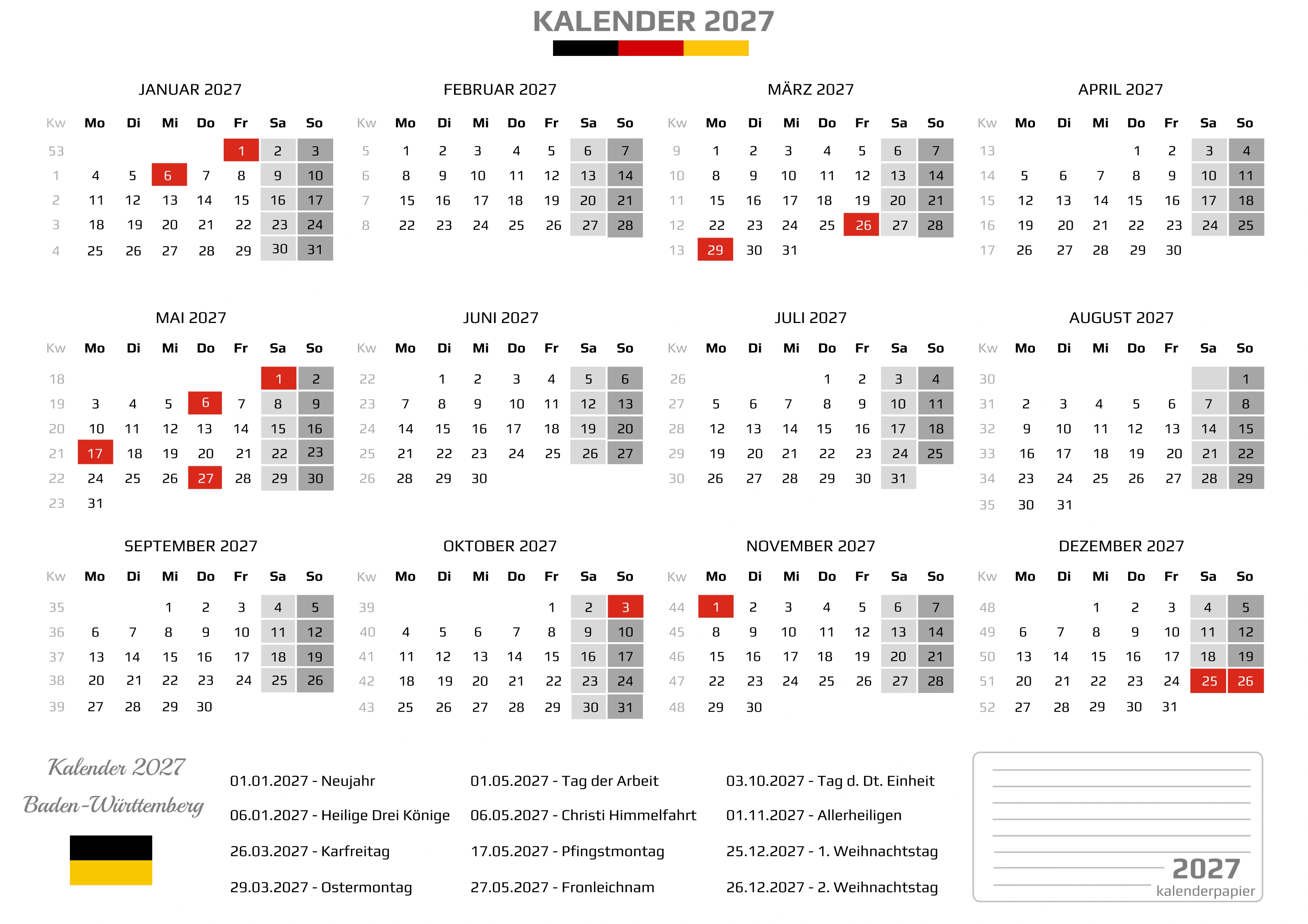 Kalender 2027 Baden-Württemberg mit Feiertagen