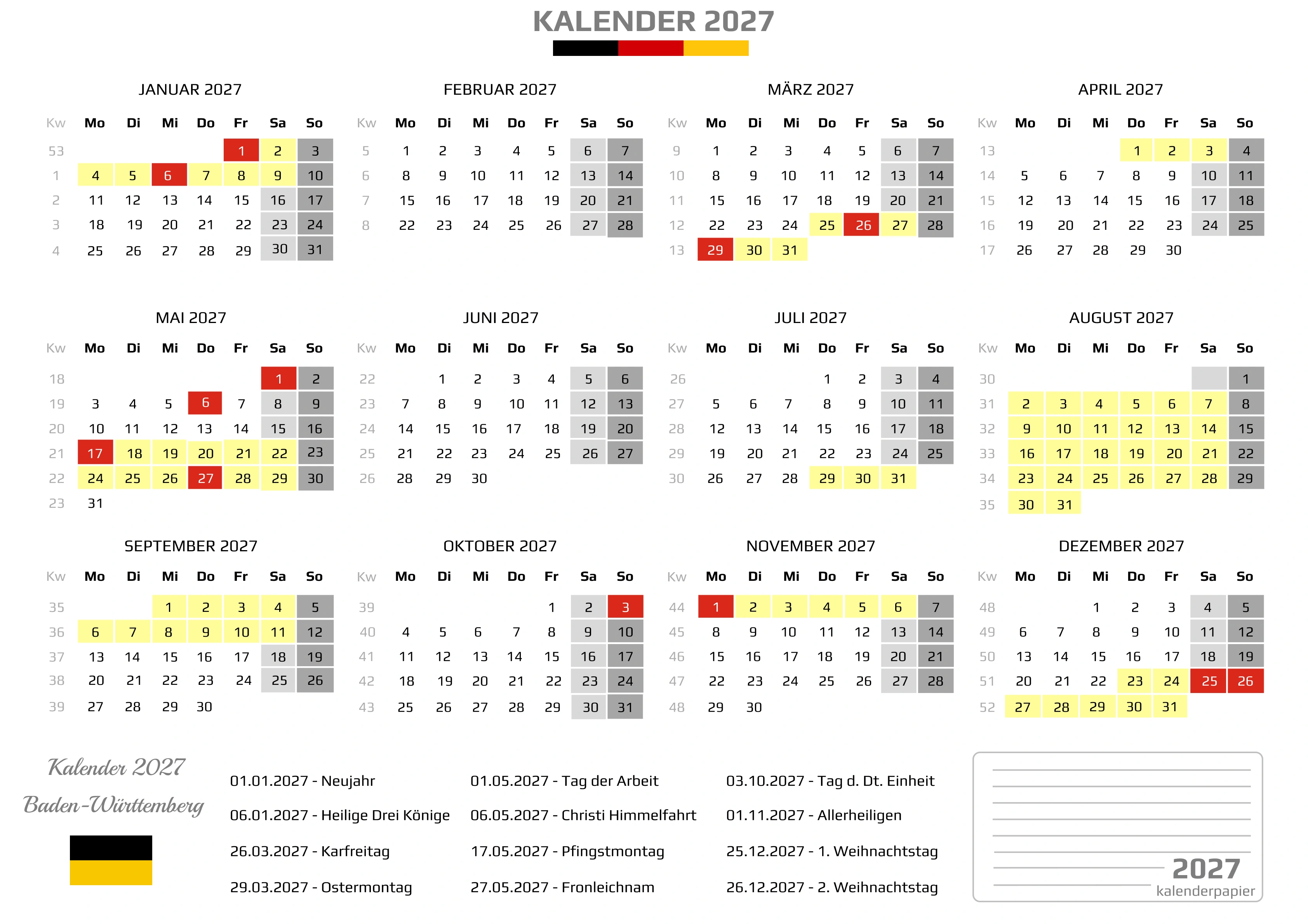 Kalender 2027 Baden-Württemberg mit Ferien