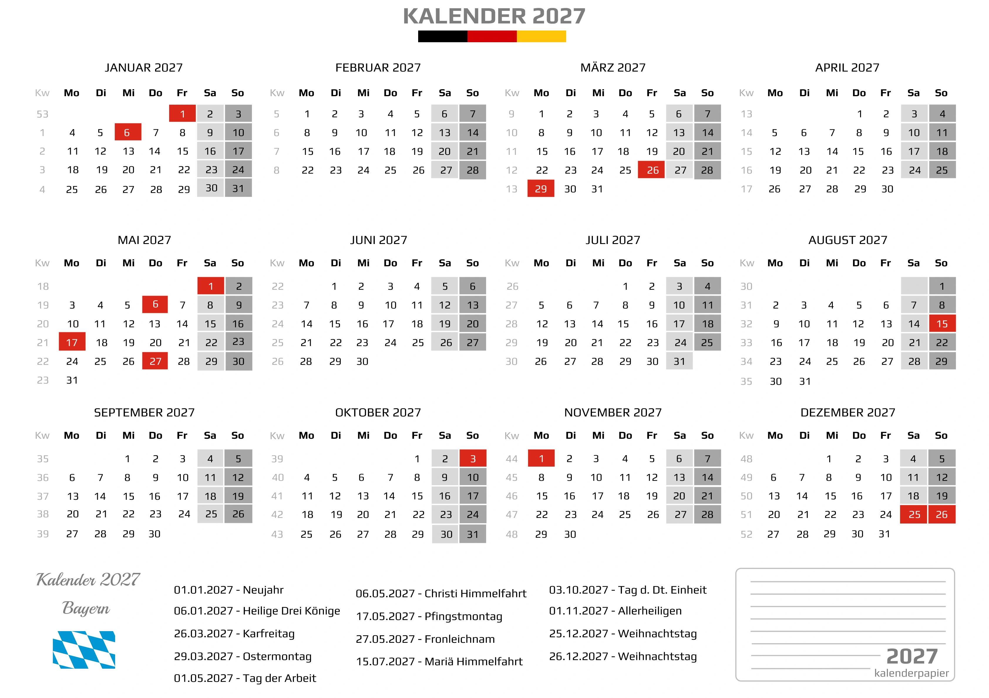 Kalender 2027 Bayern mit Feiertagen