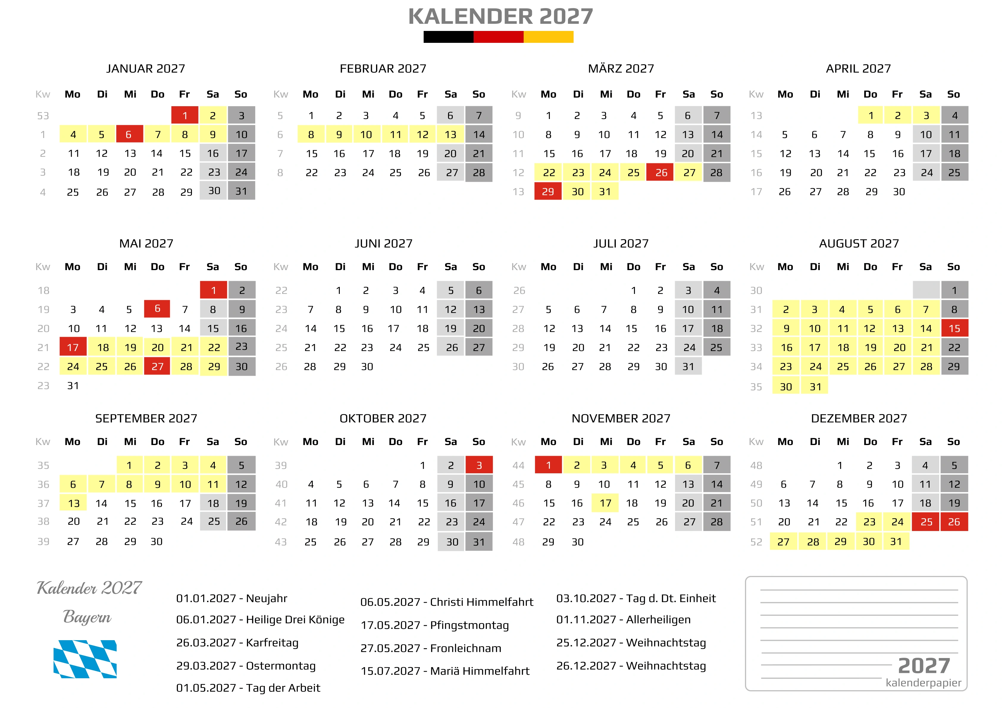 Kalender 2027 Bayern mit Ferien