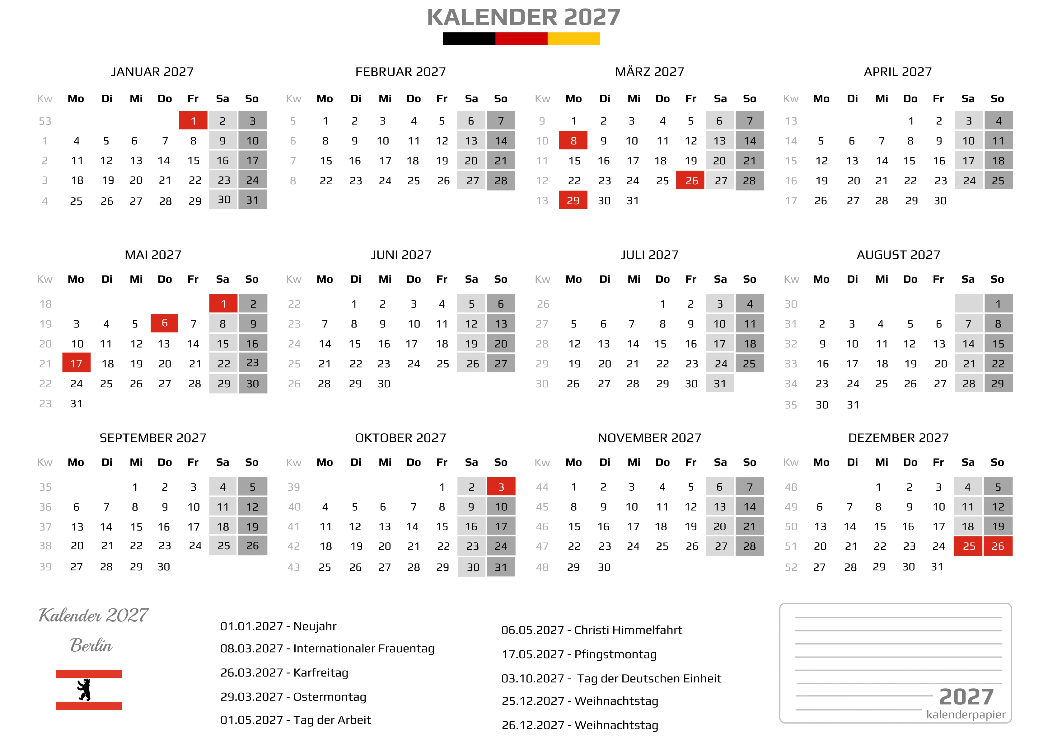 Kalender 2027 Berlin mit Feiertagen