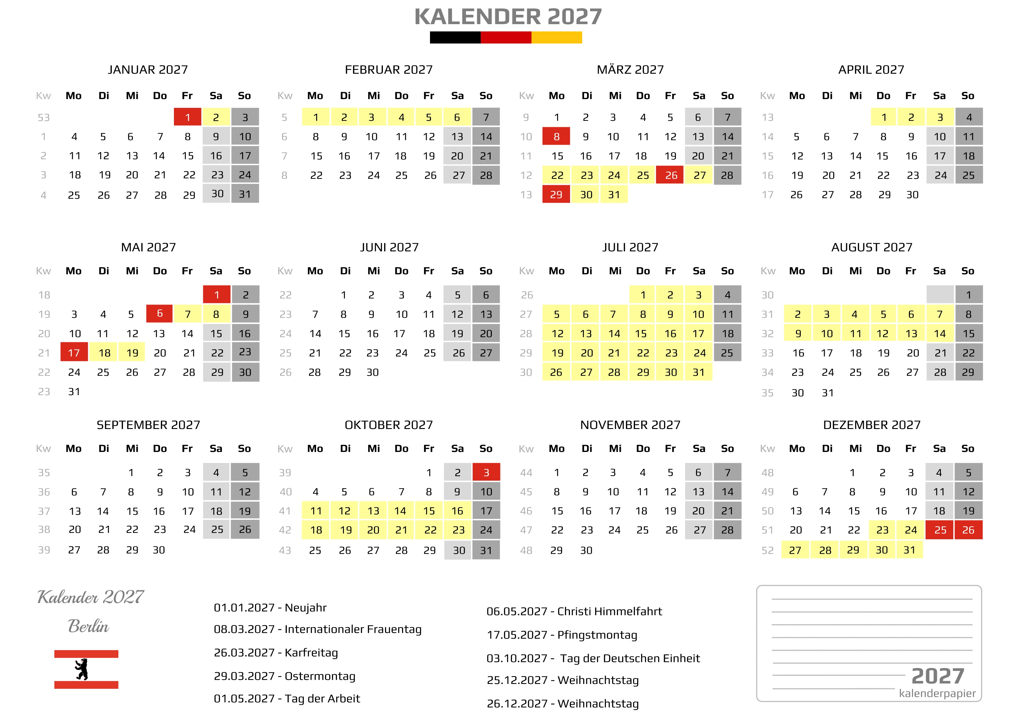 Kalender 2027 Berlin mit Ferien