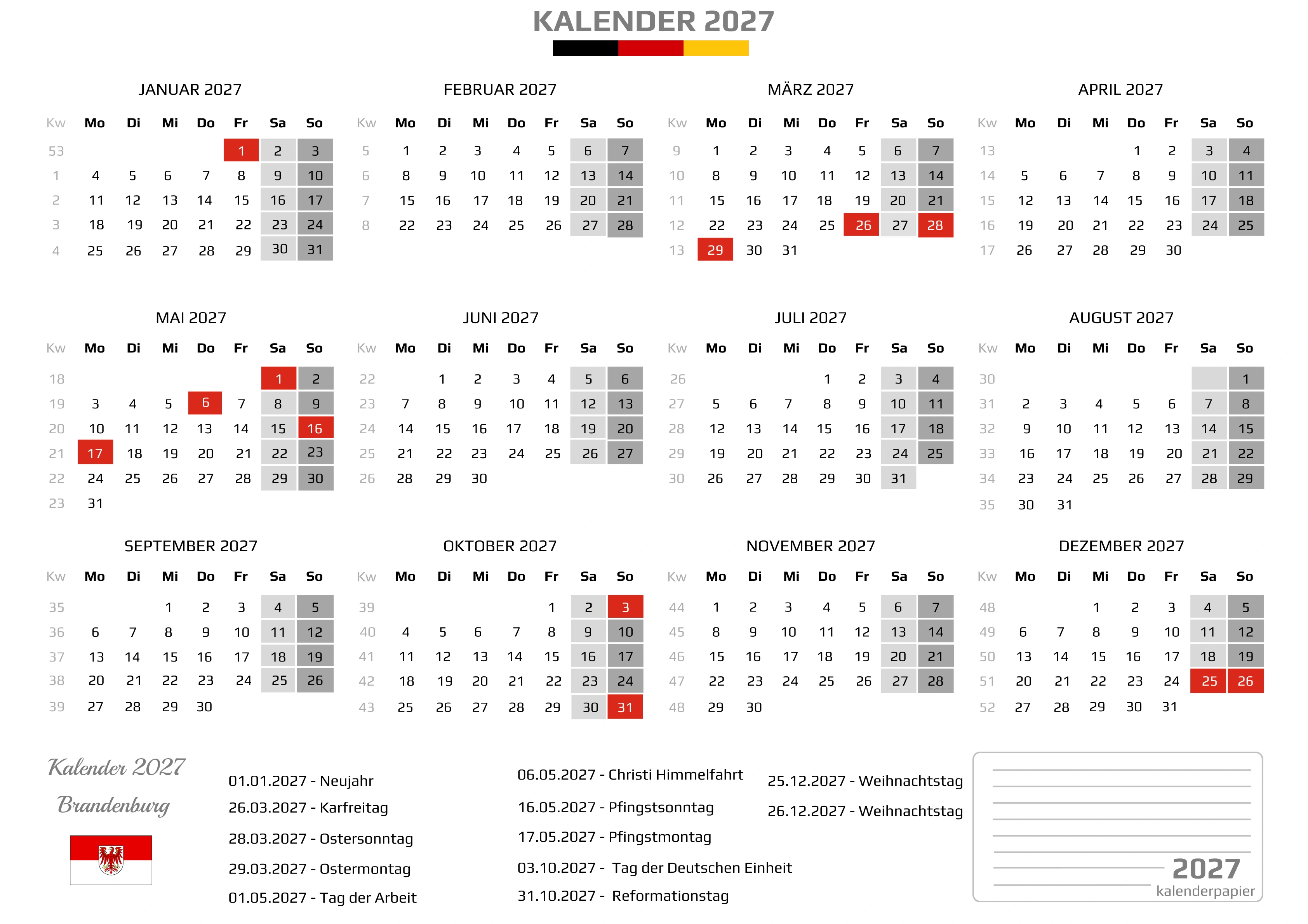 Kalender 2027 Brandenburg mit Feiertagen