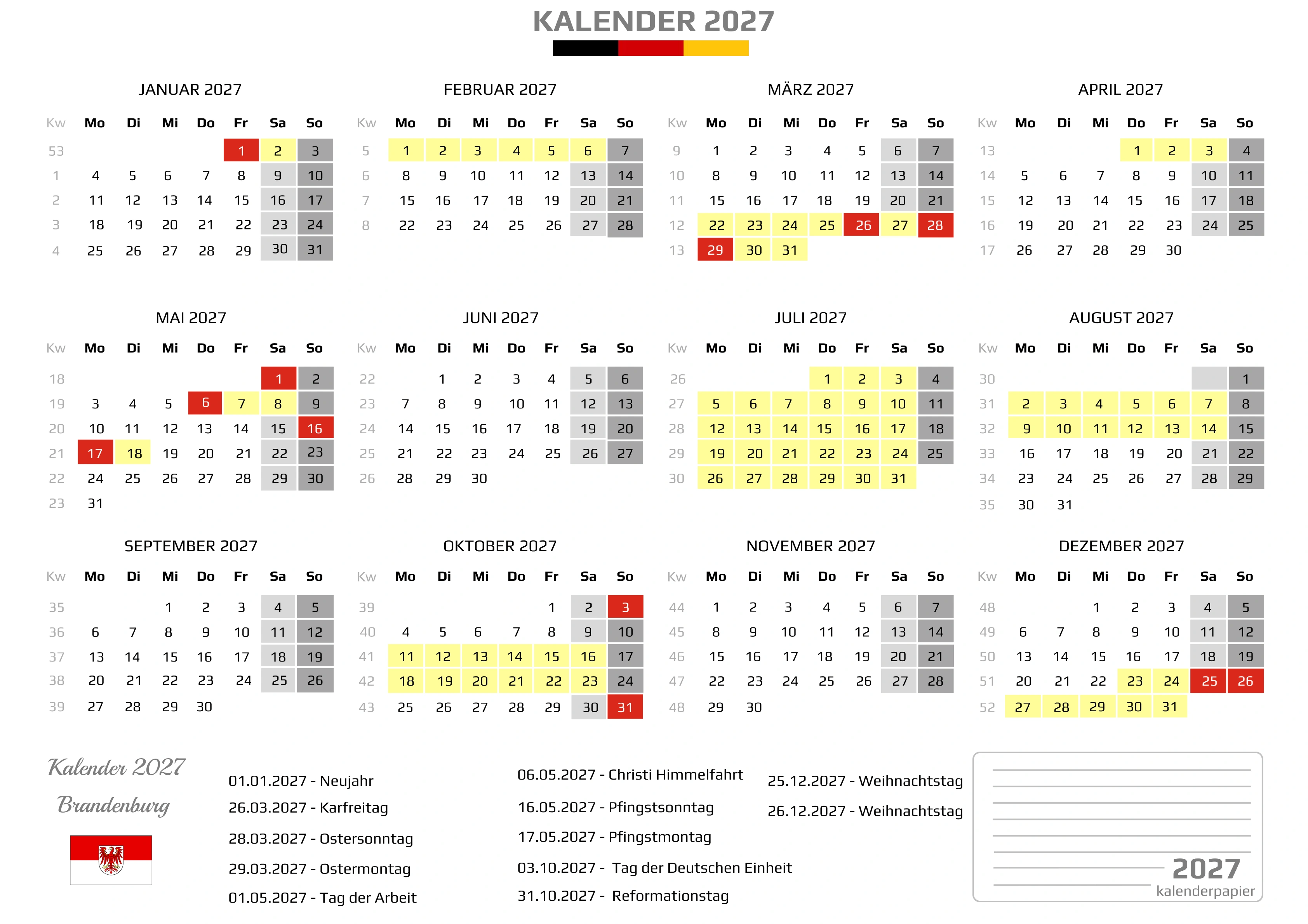 Kalender 2027 Brandenburg mit Ferien