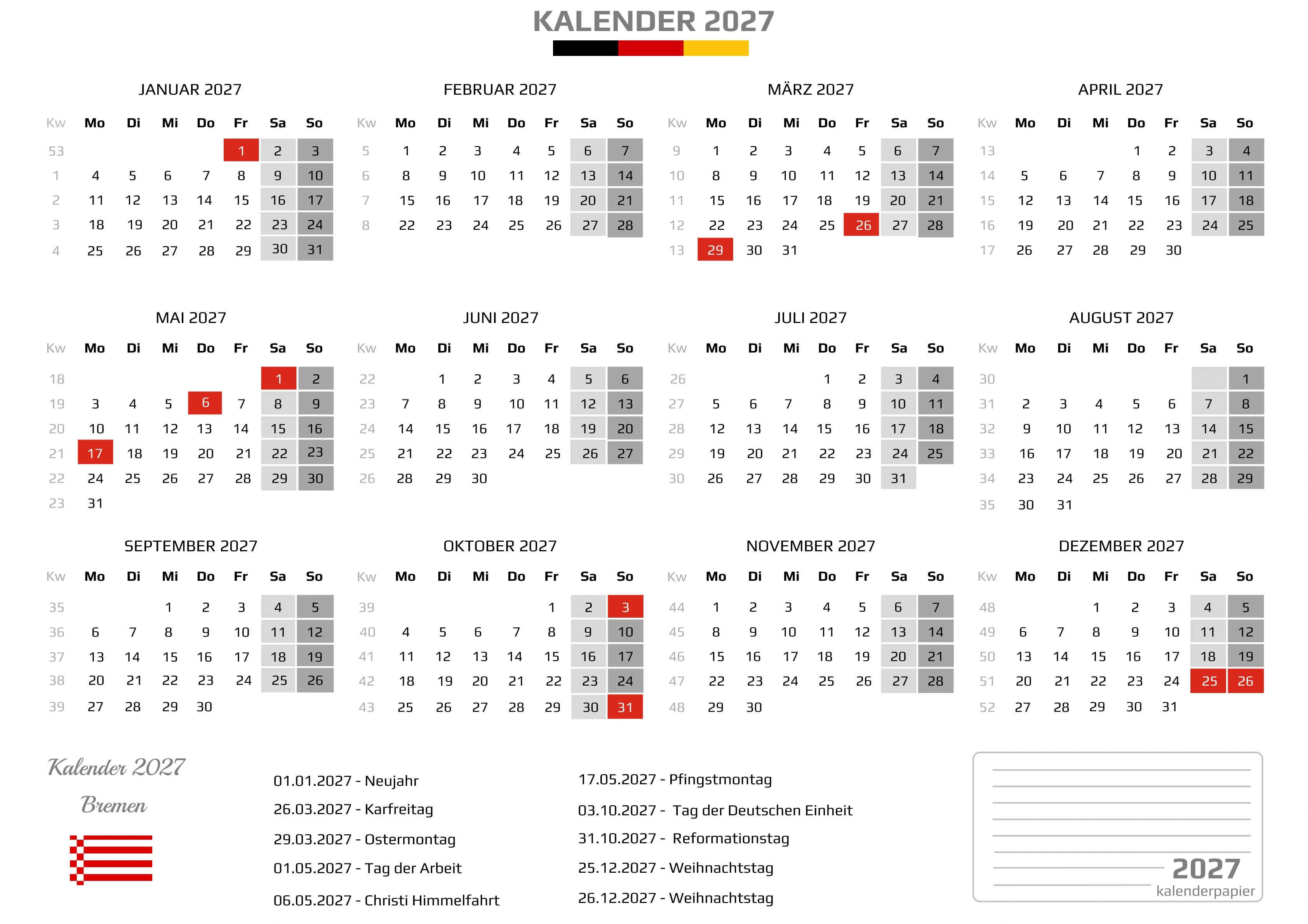 Kalender 2027 Bremen mit Feiertagen