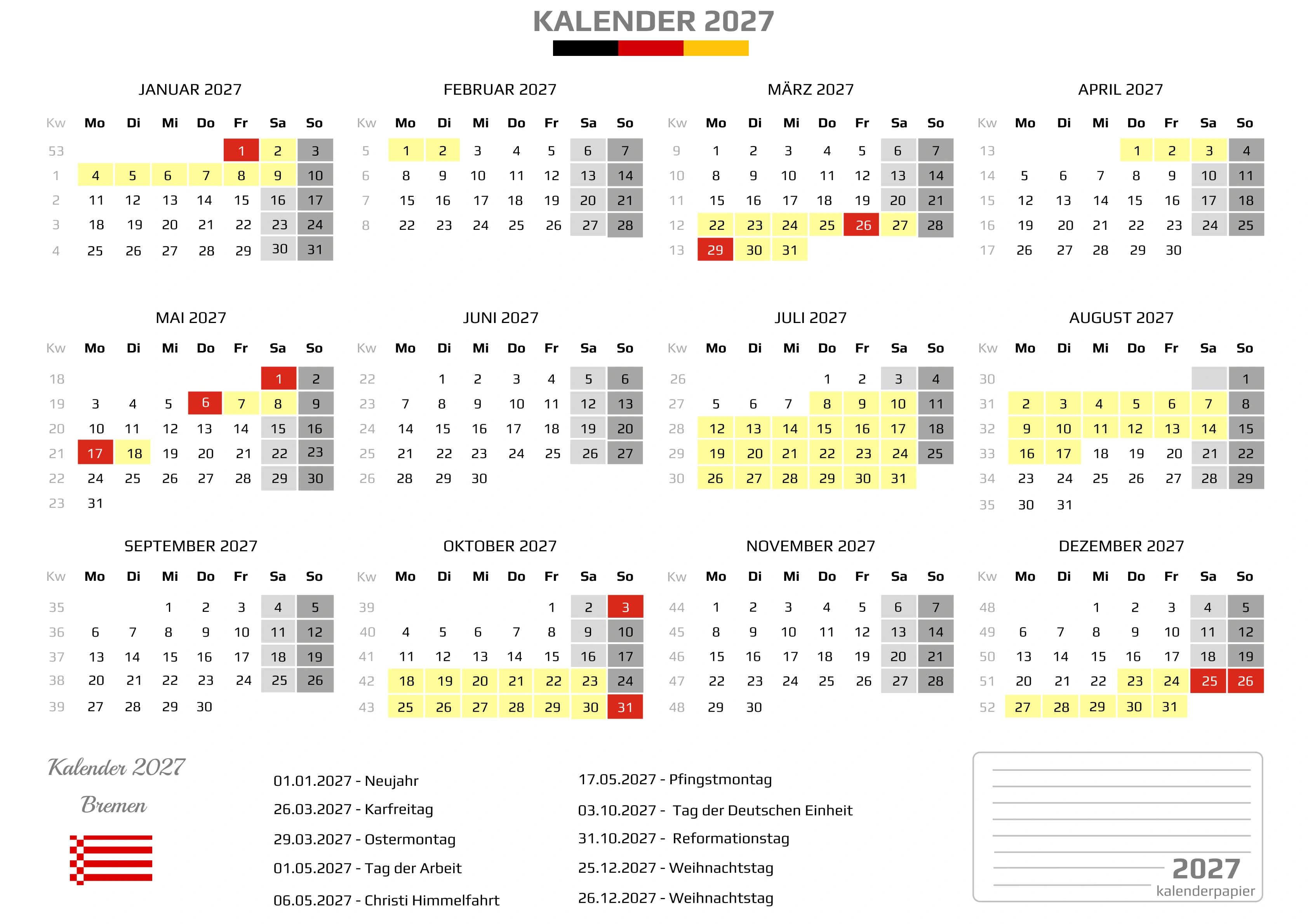 Kalender 2027 Bremen mit Ferien