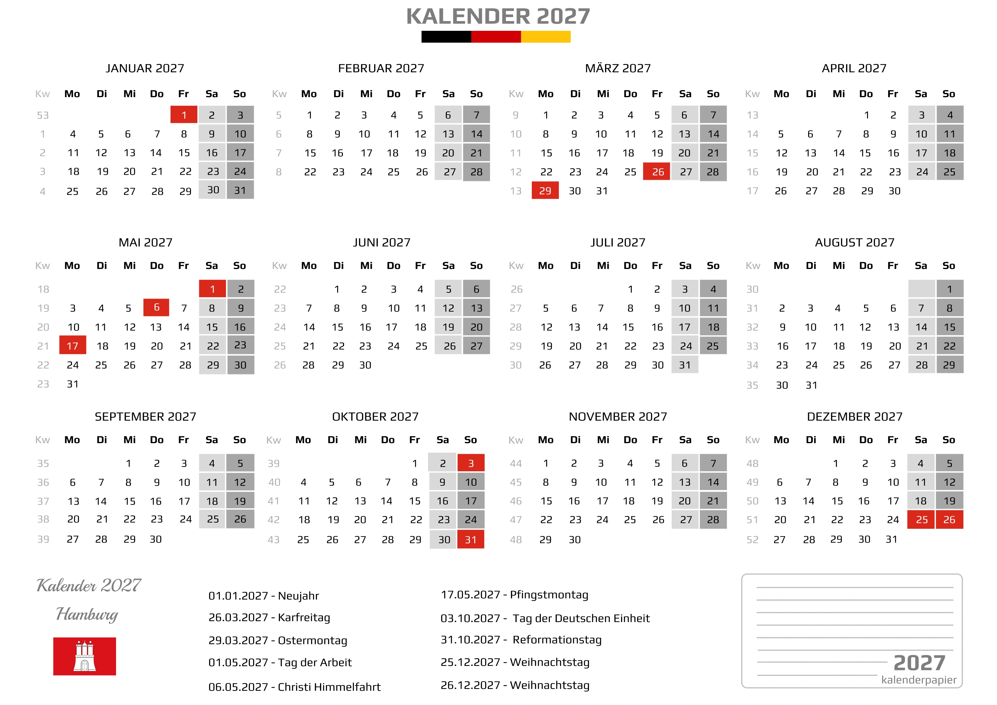 Kalender 2027 Hamburg mit Feiertagen
