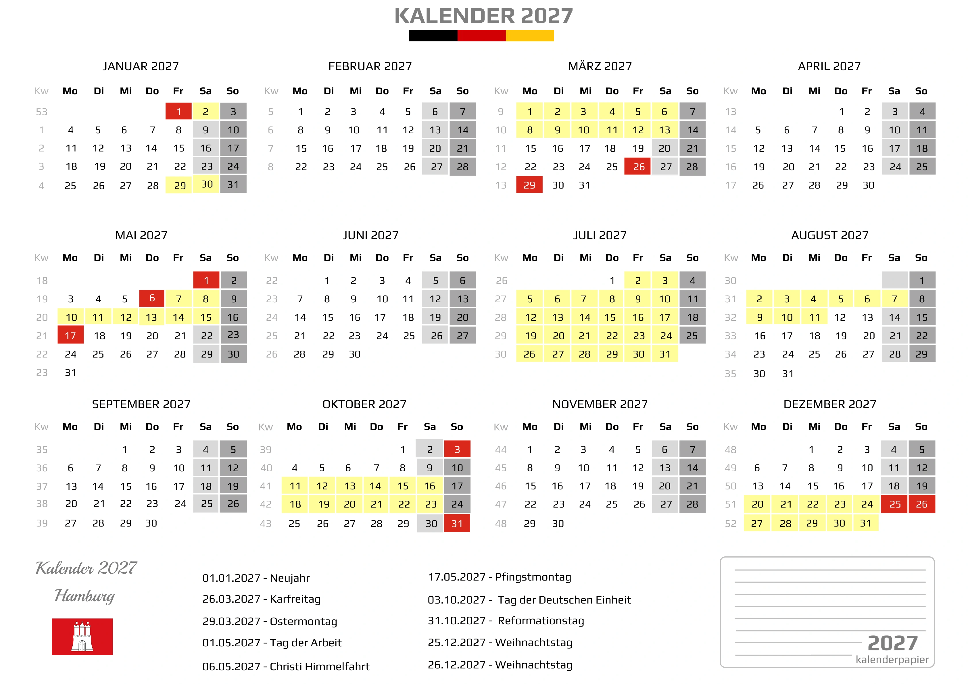 Kalender 2027 Hamburg mit Ferien