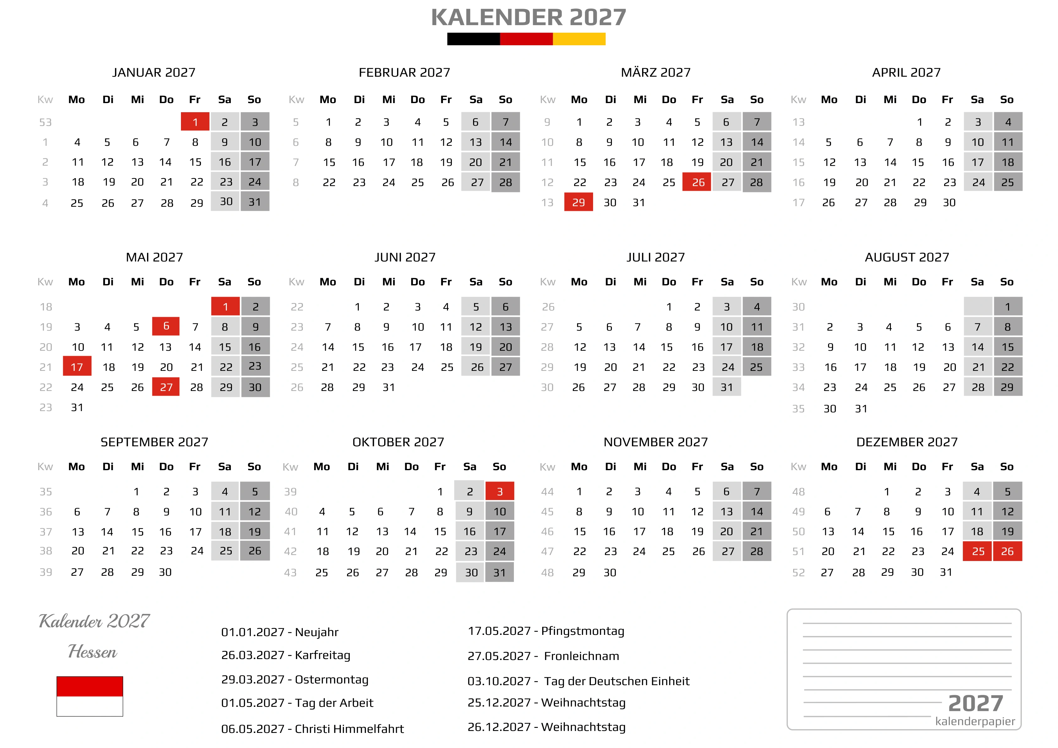 Kalender 2027 Hessen mit Feiertagen