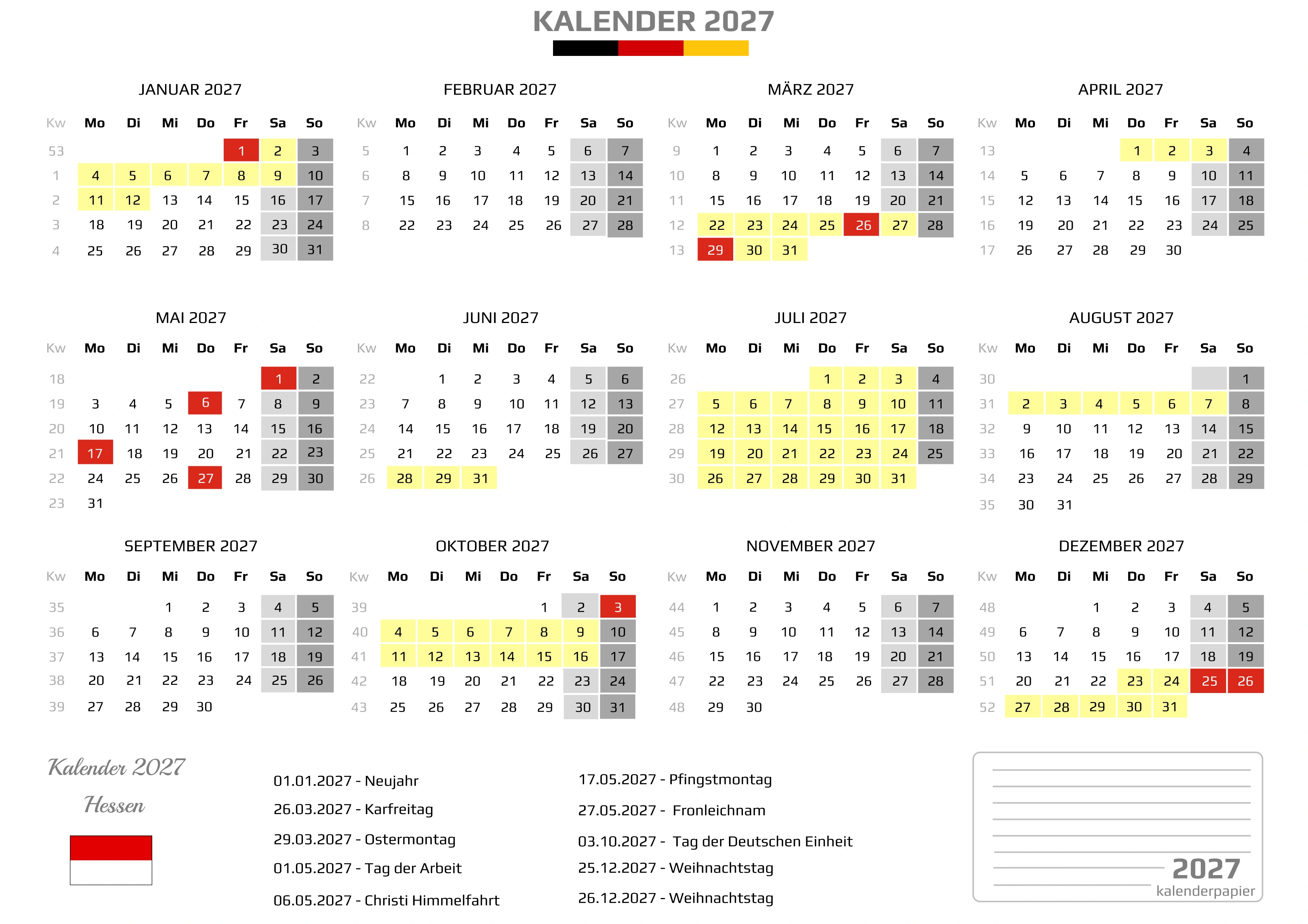 Kalender 2027 Hessen mit Ferien