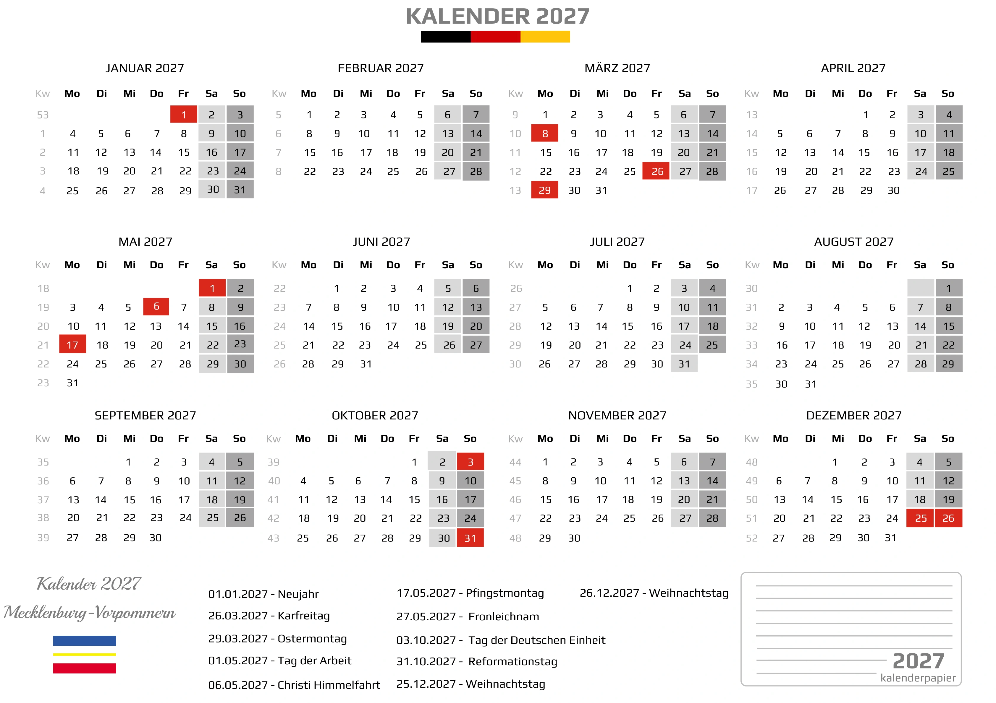 Kalender 2027 Mecklenburg-Vorpommern mit Feiertagen