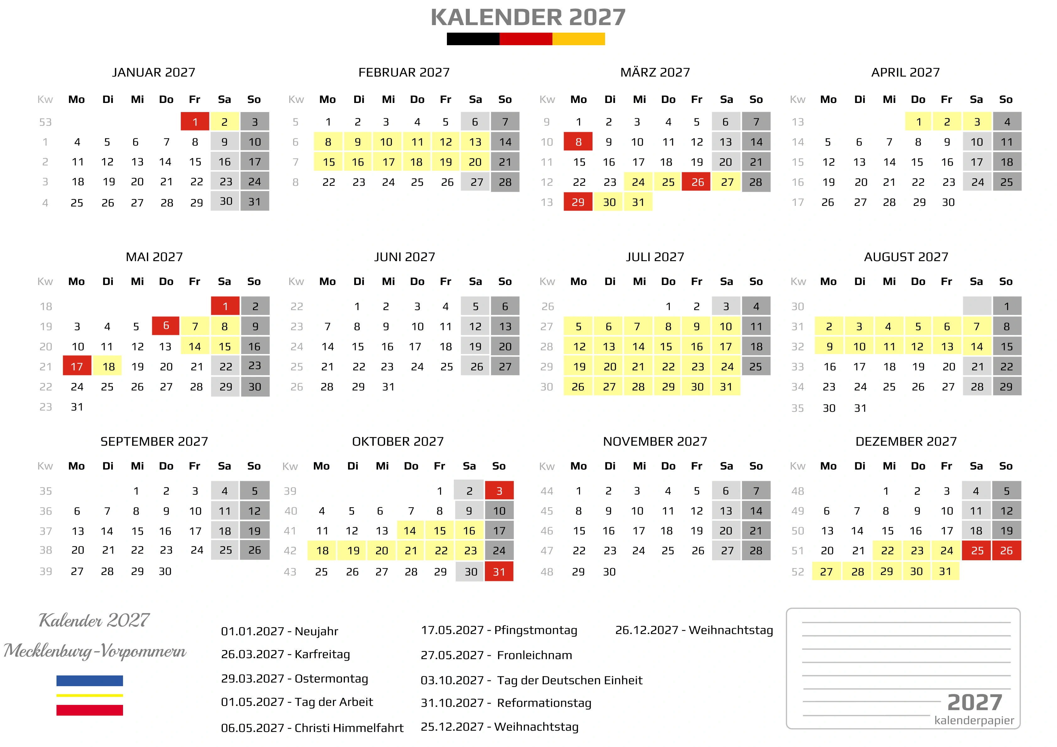 Kalender 2027 Mecklenburg-Vorpommern mit Ferien