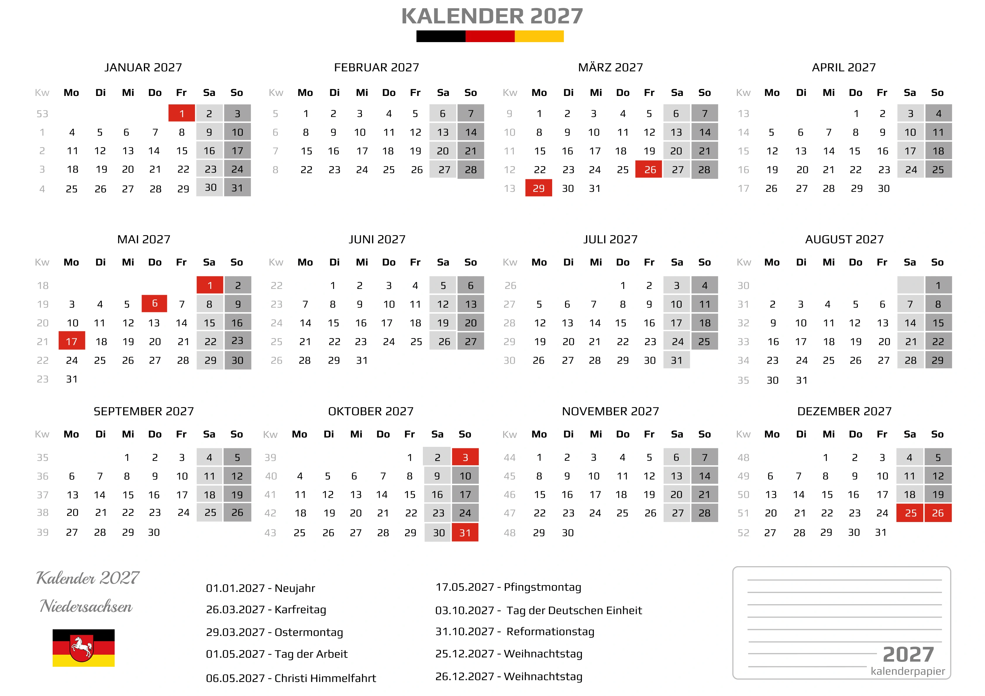 Kalender 2027 Niedersachsen mit Feiertagen