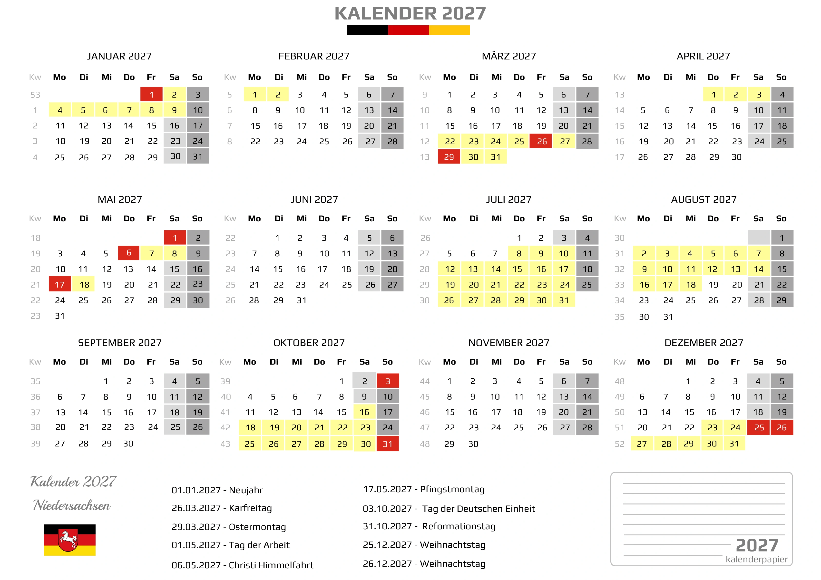 Kalender 2027 Niedersachsen mit Ferien