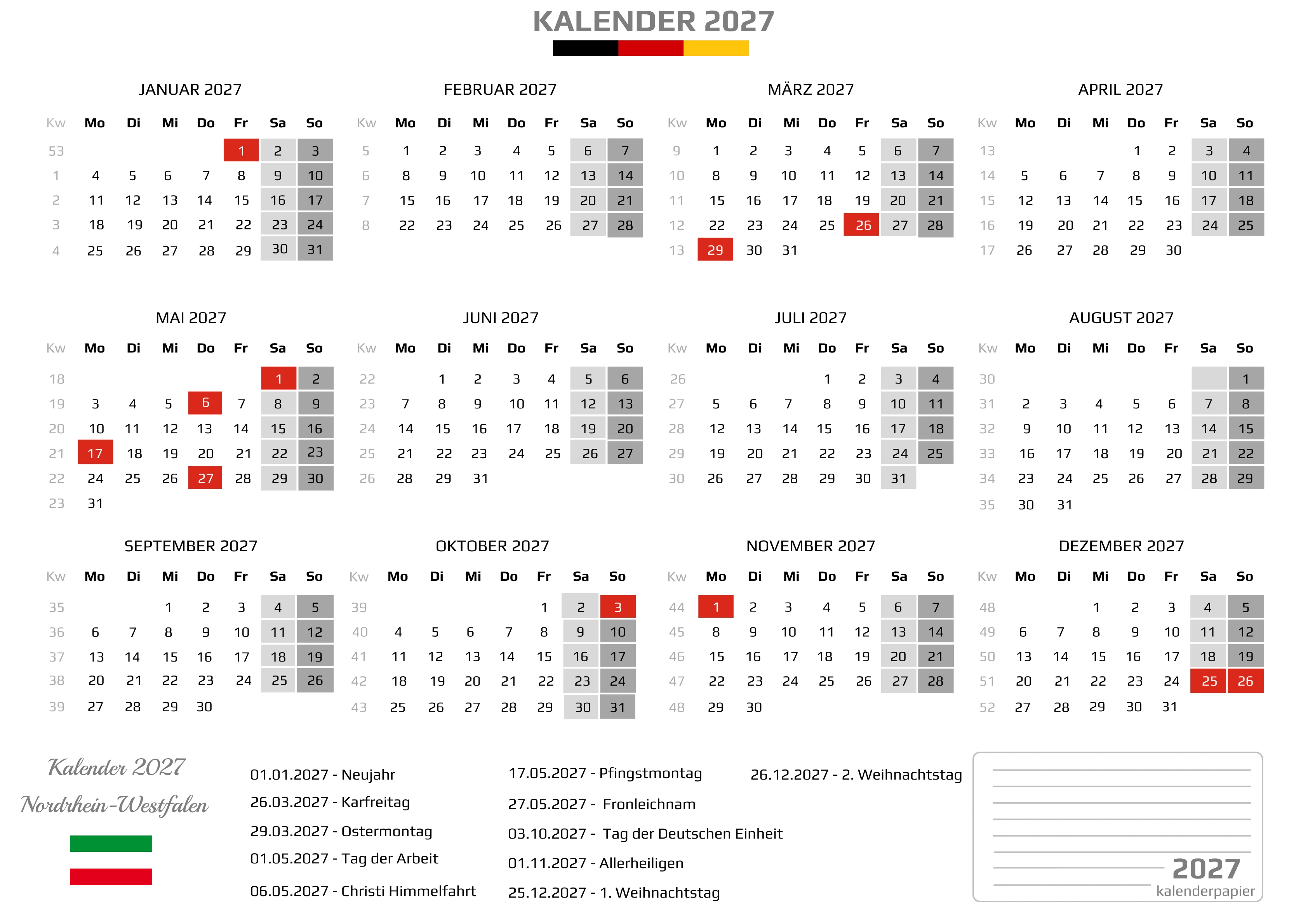 Kalender 2027 Nordrhein-Westfalen mit Feiertagen