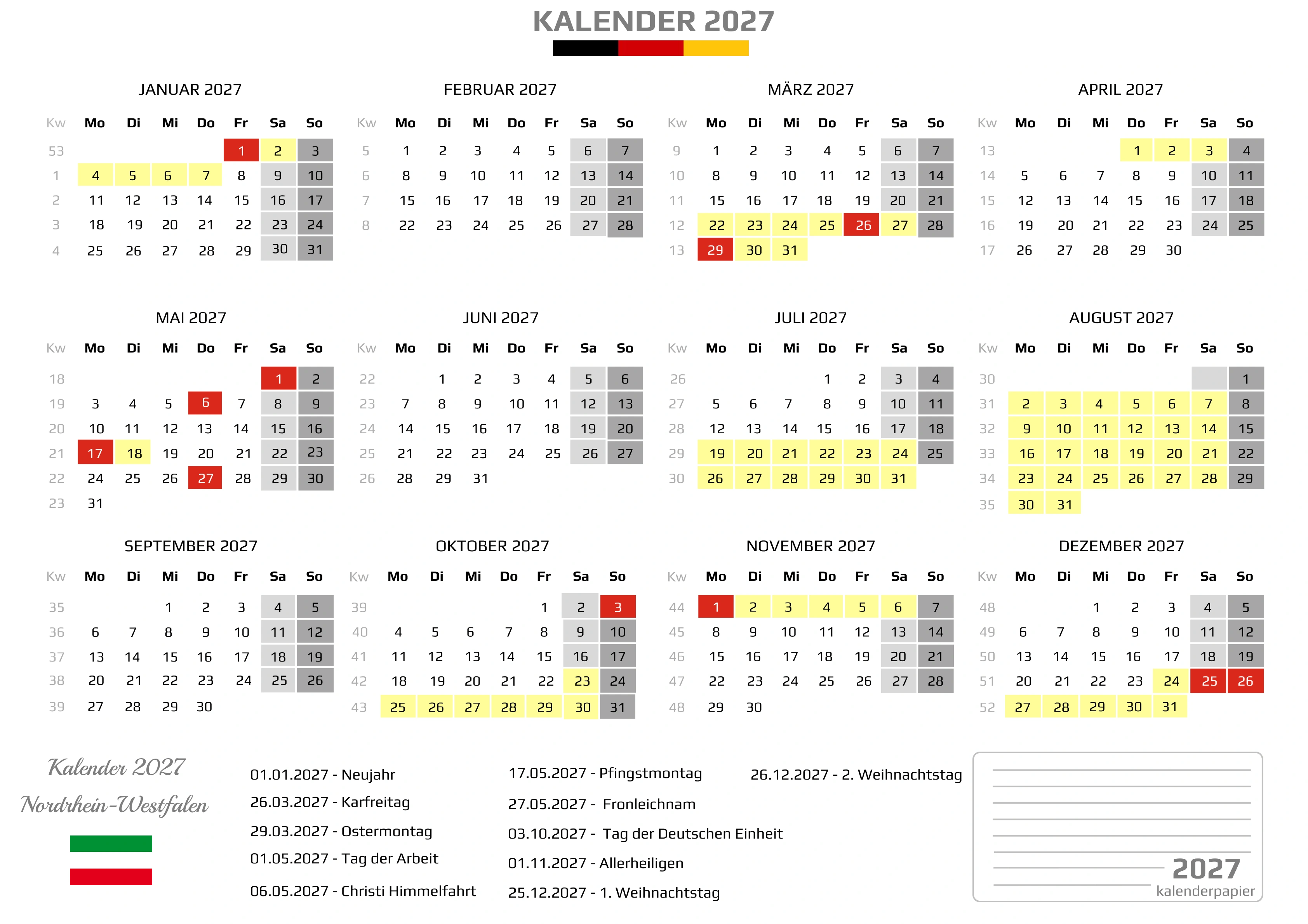 Kalender 2027 Nordrhein-Westfalen mit Ferien