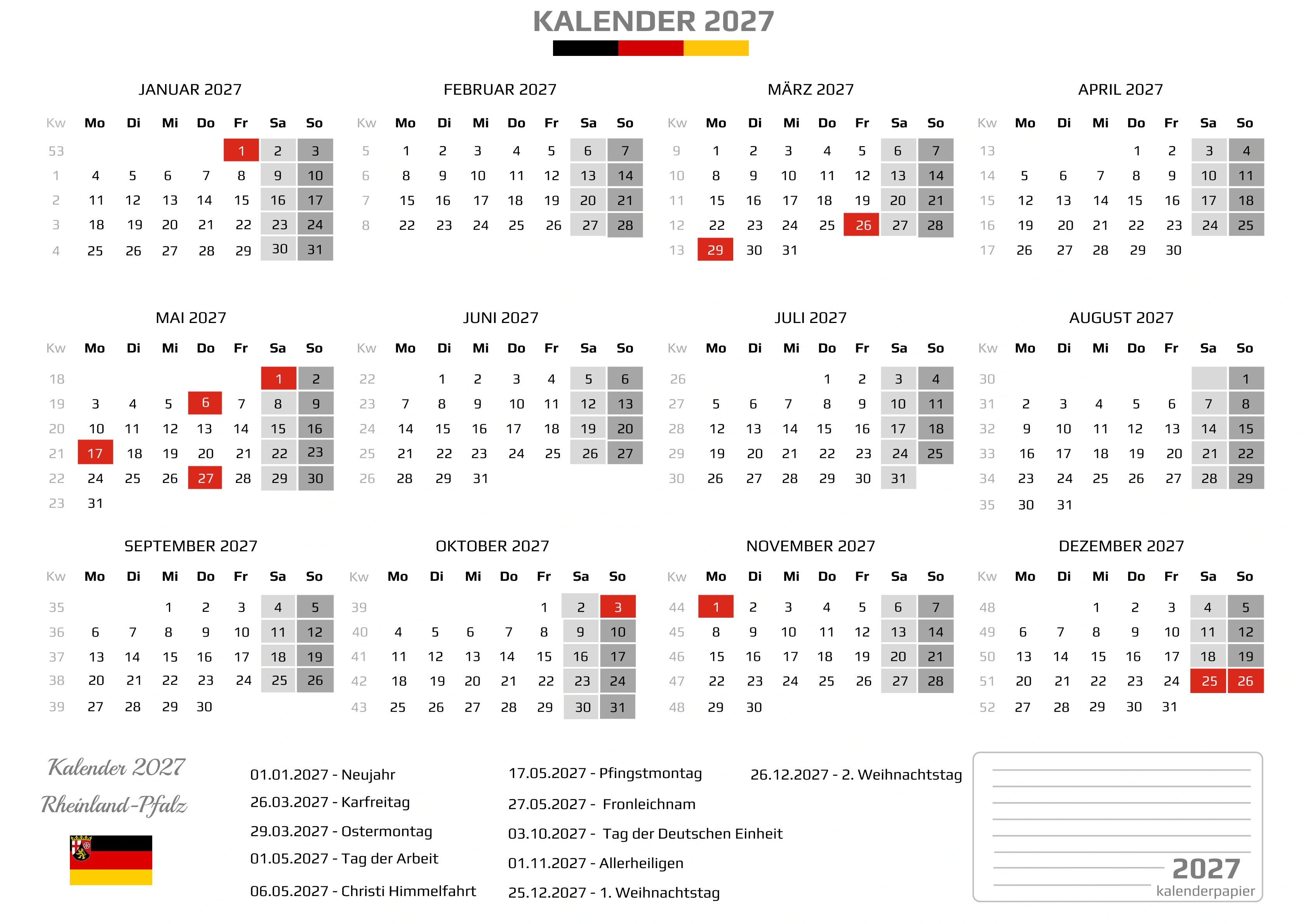 Kalender 2027 Rheinland-Pfalz mit Feiertagen
