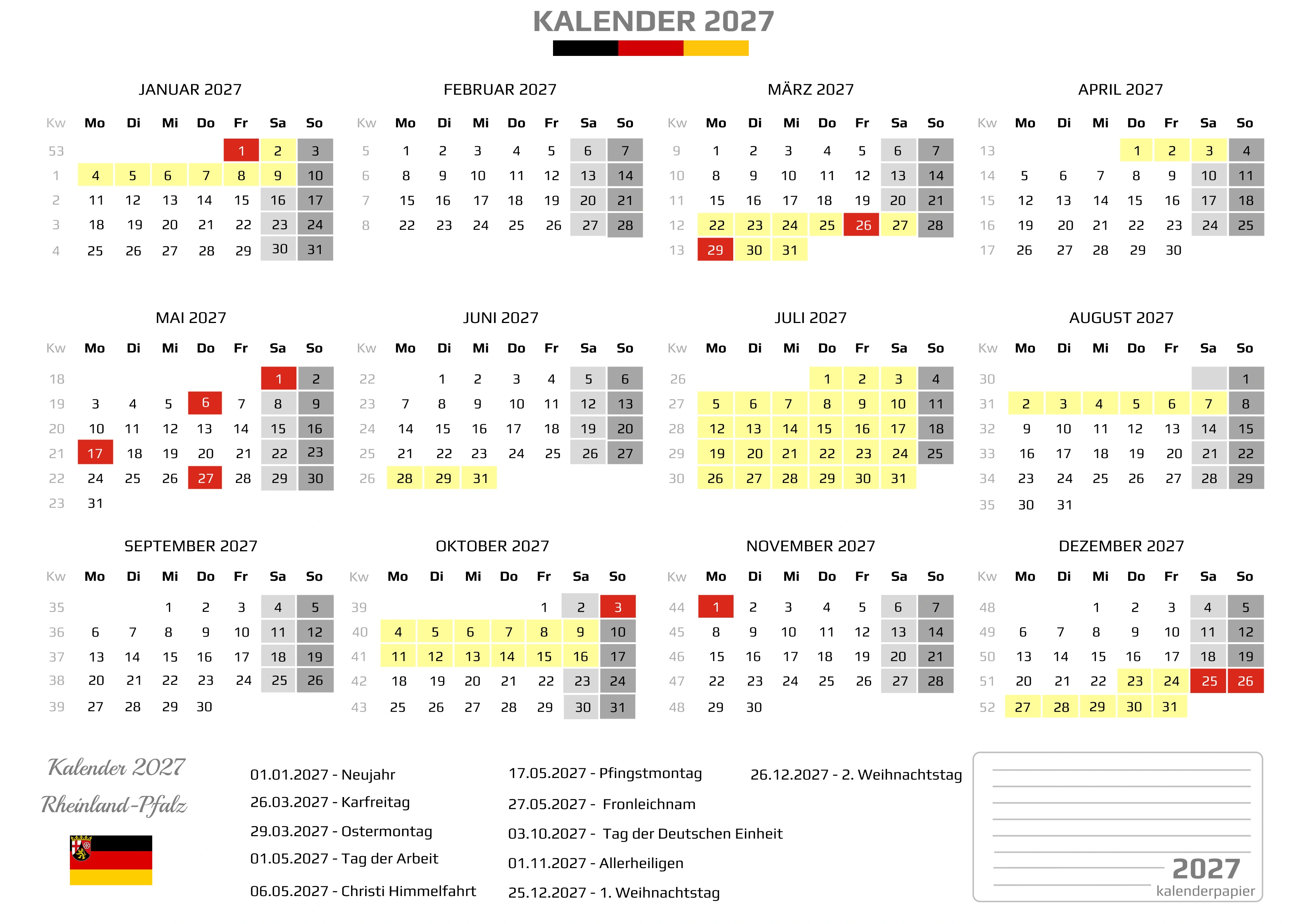 Kalender 2027 Rheinland-Pfalz mit Ferien
