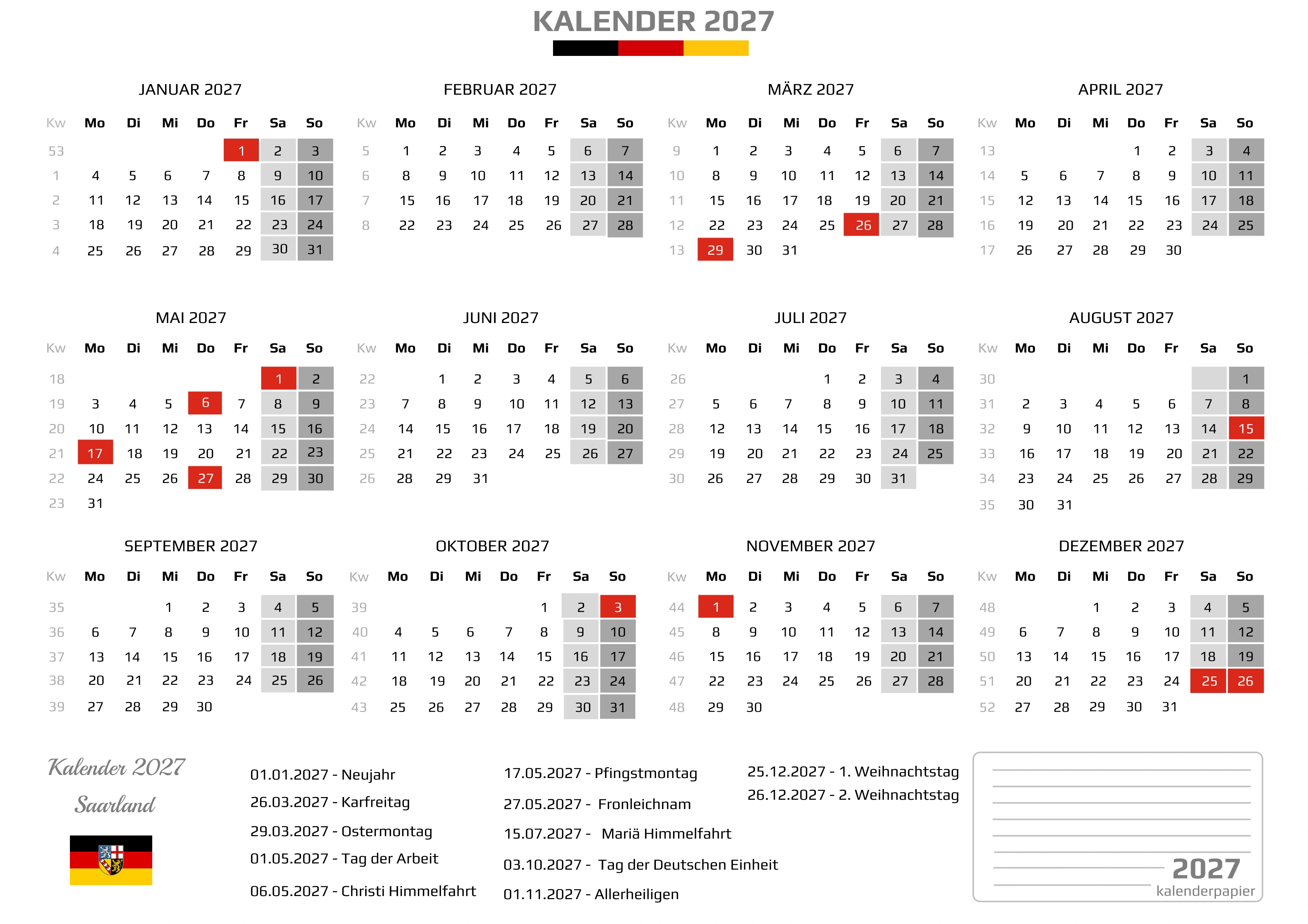 Kalender 2027 Saarland mit Feiertagen