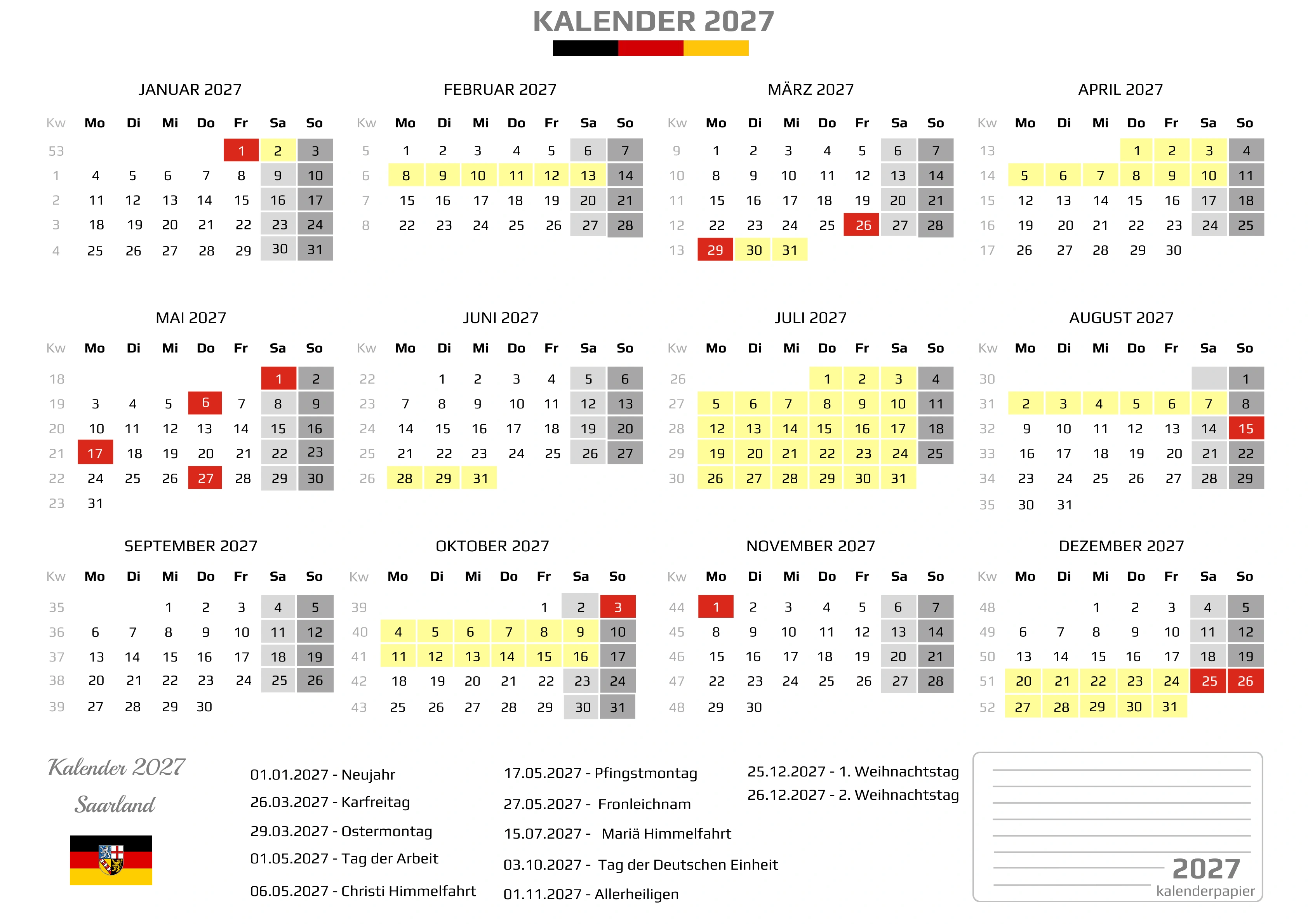 Kalender 2027 Saarland mit Ferien