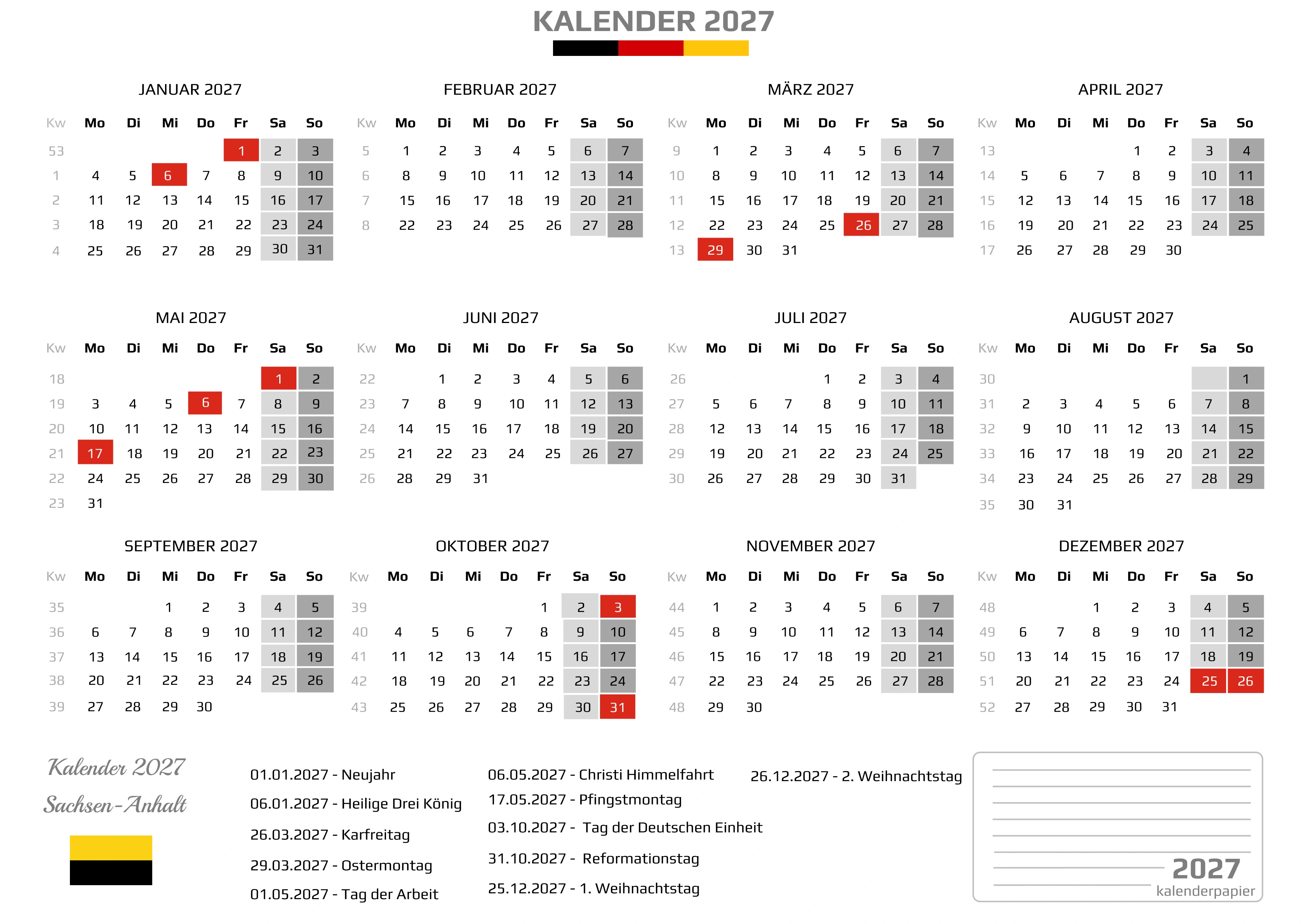 Kalender 2027 Sachsen-Anhalt mit Feiertagen